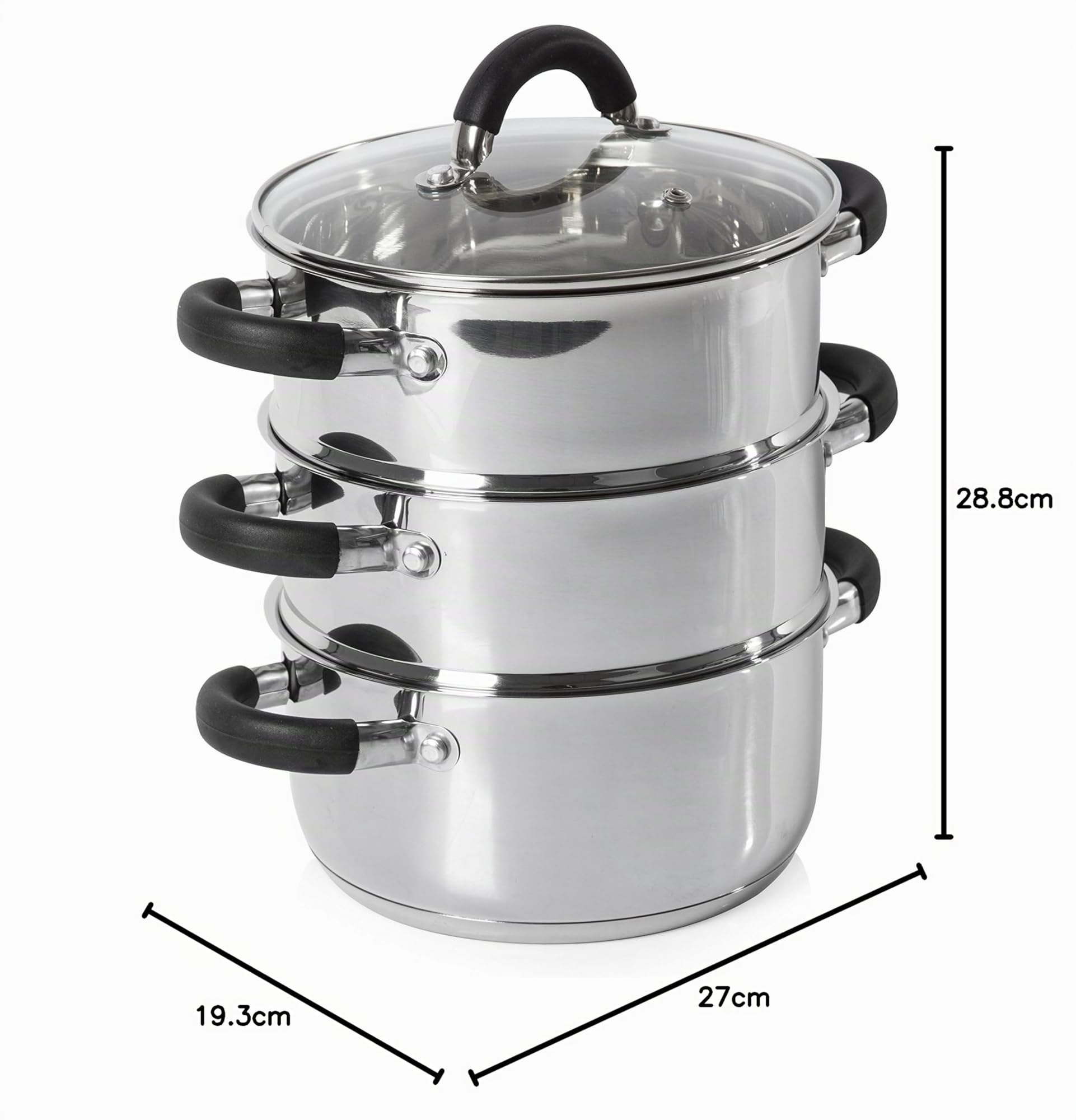 Tower T80836 Essentials Vaporiera Pentola Induzione per Cottura Vapore a 3 Ripiani con Coperchio in Vetro, in Acciaio Inox con Manici in Silicone, 18 cm, Argento