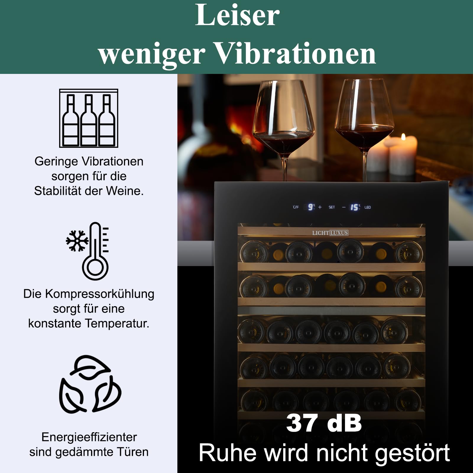 Weinkühlschrank 2 Zonen 71 Flaschen Einbaugerät Unterbau 60cm Breit UV-Glastür Holzablagen Leise 37dB