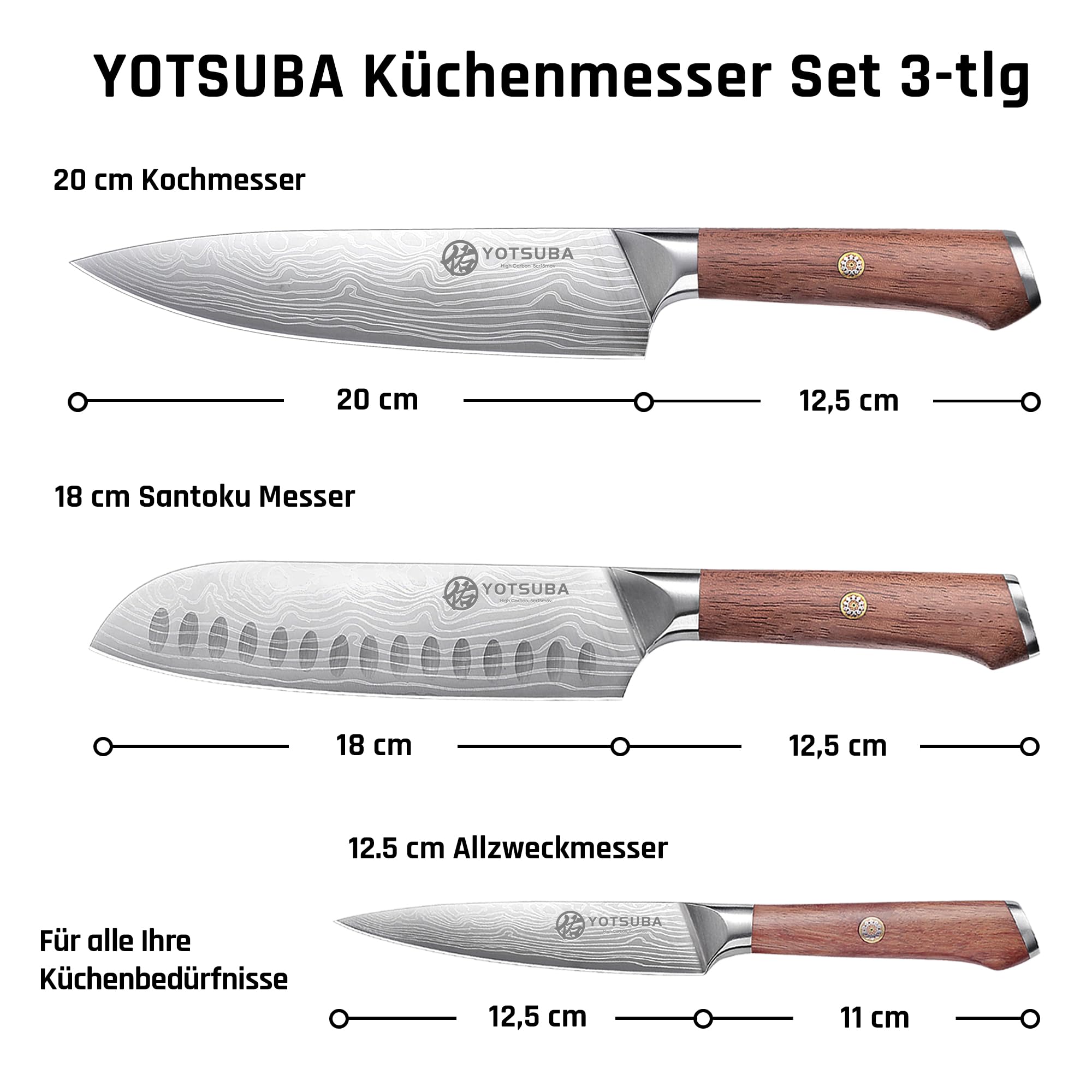 YOTSUBA Messerset 3-teilig, Japanisches Küchenmesser set Hochwertigem Carbon Edelstahl, Ultra Scharfes Messer Set mit Chefmesser Santokumesser Allzweckmesser