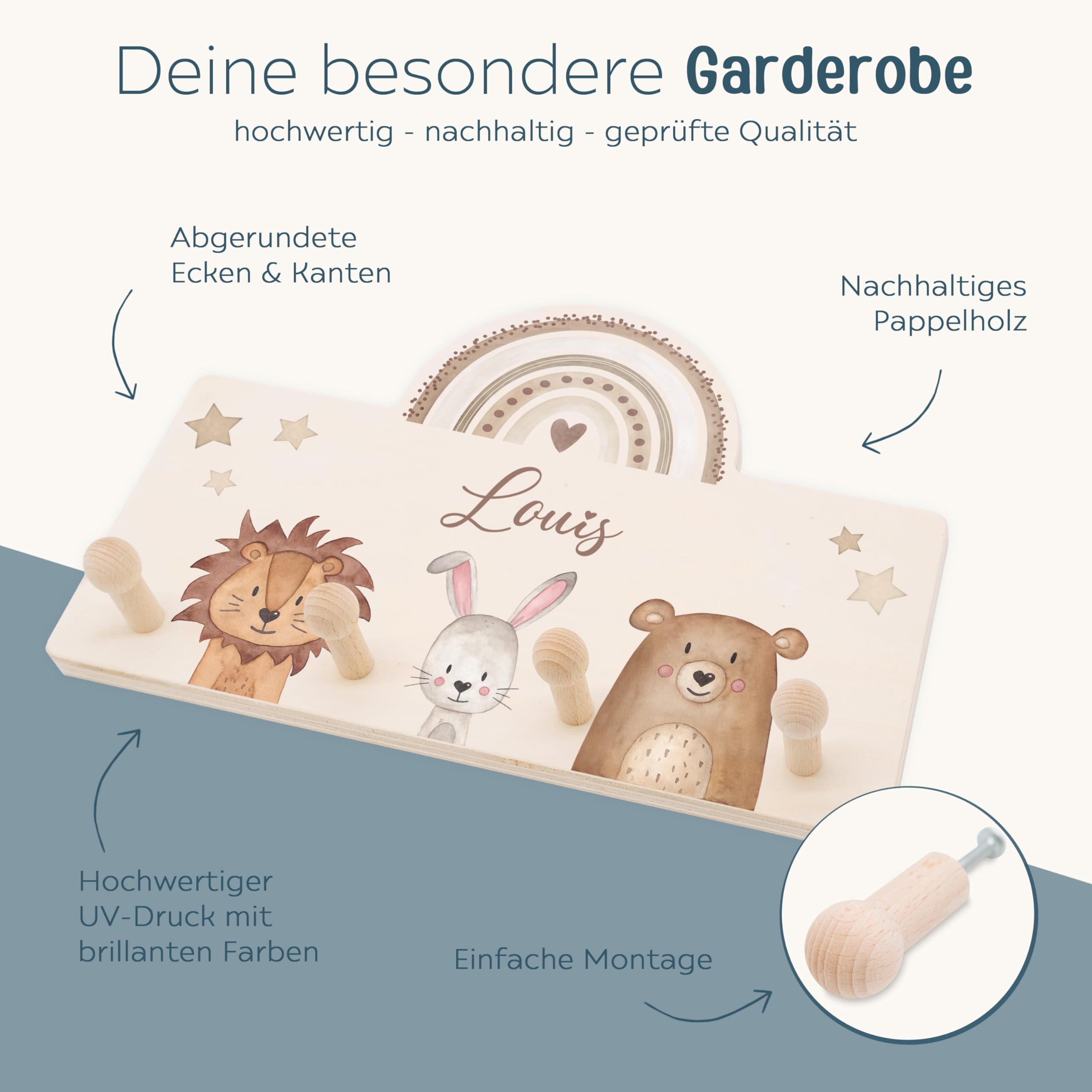 wunderwunsch® - Personalisierte Garderobe Kinder mit Spezial-Druck (inkl. 4 Haken)- Kinderzimmer Deko, Taufe Geschenk, Kindergeschenke, Geburt Geschenk (Tiere Regenbogen beige)