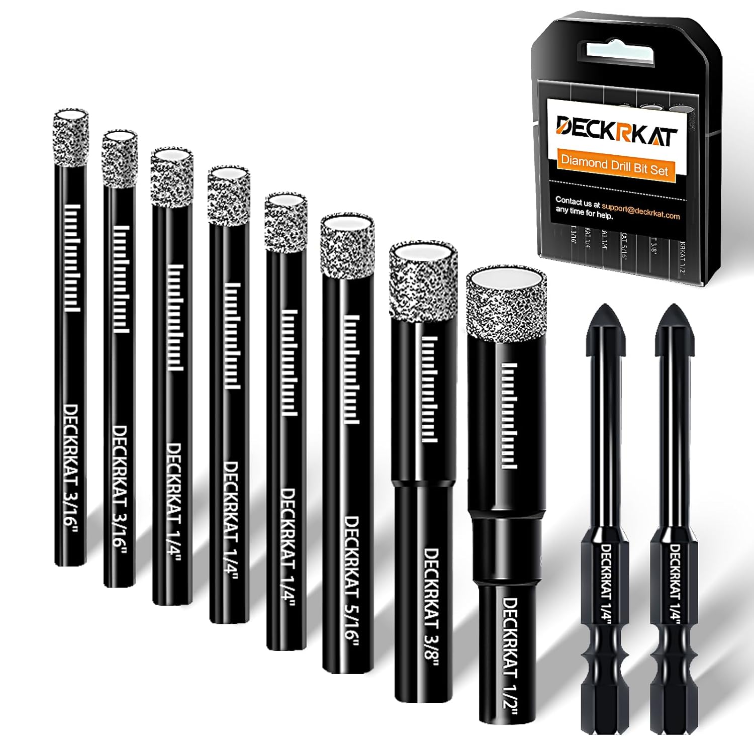 DECKRKAT 10-Piece Dry Diamond Drill Bits & TileDrill Bits - 3/16"(x2), 1/4"(x3), 5/16", 3/8", 1/2" + 1/4"(x2) Masonry Bit for Tile,Ceramic, Porcelain,Marble,Granite.