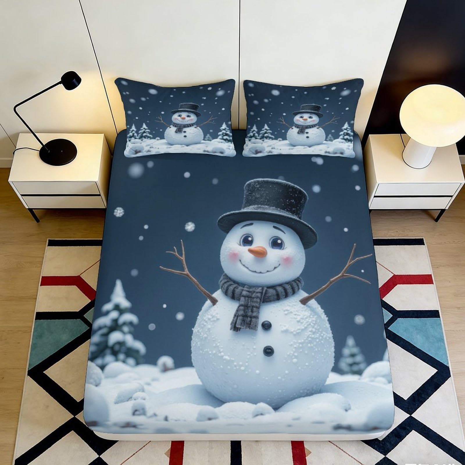 Jqzkxnhpbr Style-3 3D Printed Snowman Night Fitted Sheet Microfiber Soft Dark Blue Winter Scene Bed Sheet For Bedroom Guestroom Decor 90X200x25cm