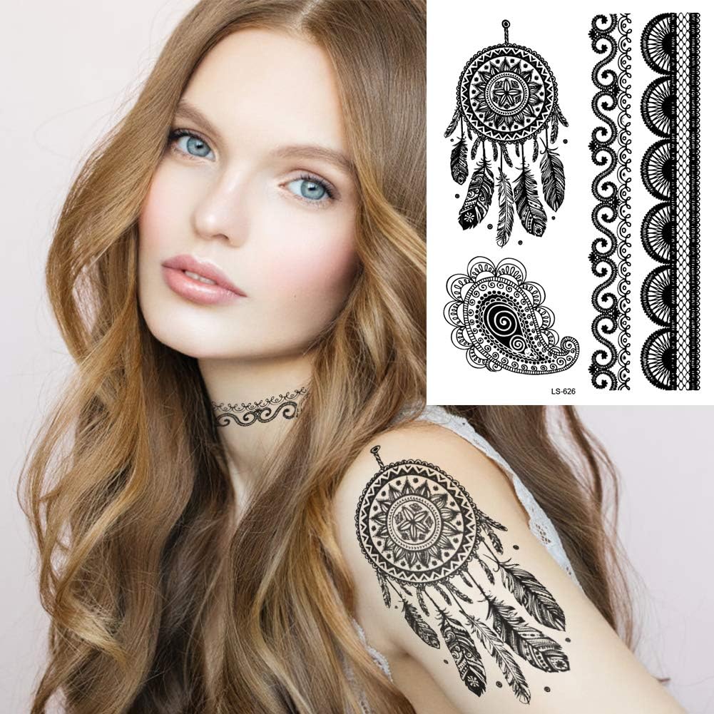 Temporary Tattoos,Tattoo Stickers Fashion Body Art Stickers, Waterproof Fake Tattoos, Black Temporary Tattoos Set of 8 Sheets, Gift -1 X Halloween Tattoo Sticker