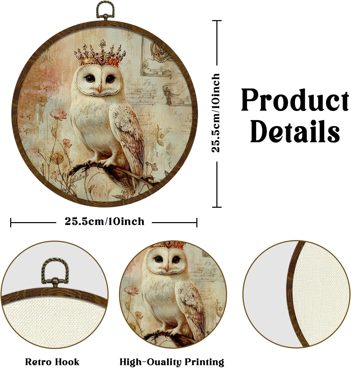 Vintage Crown Owl Wall Art Decor,Retro Bird Mid Century Modern Wall Art Canvas Frame Hanging Prints, Vintage Animal Round Wall Art Decor for Bedroom,Best Gifts for Brithday Christmas 10"x10"(BY0610) image 2