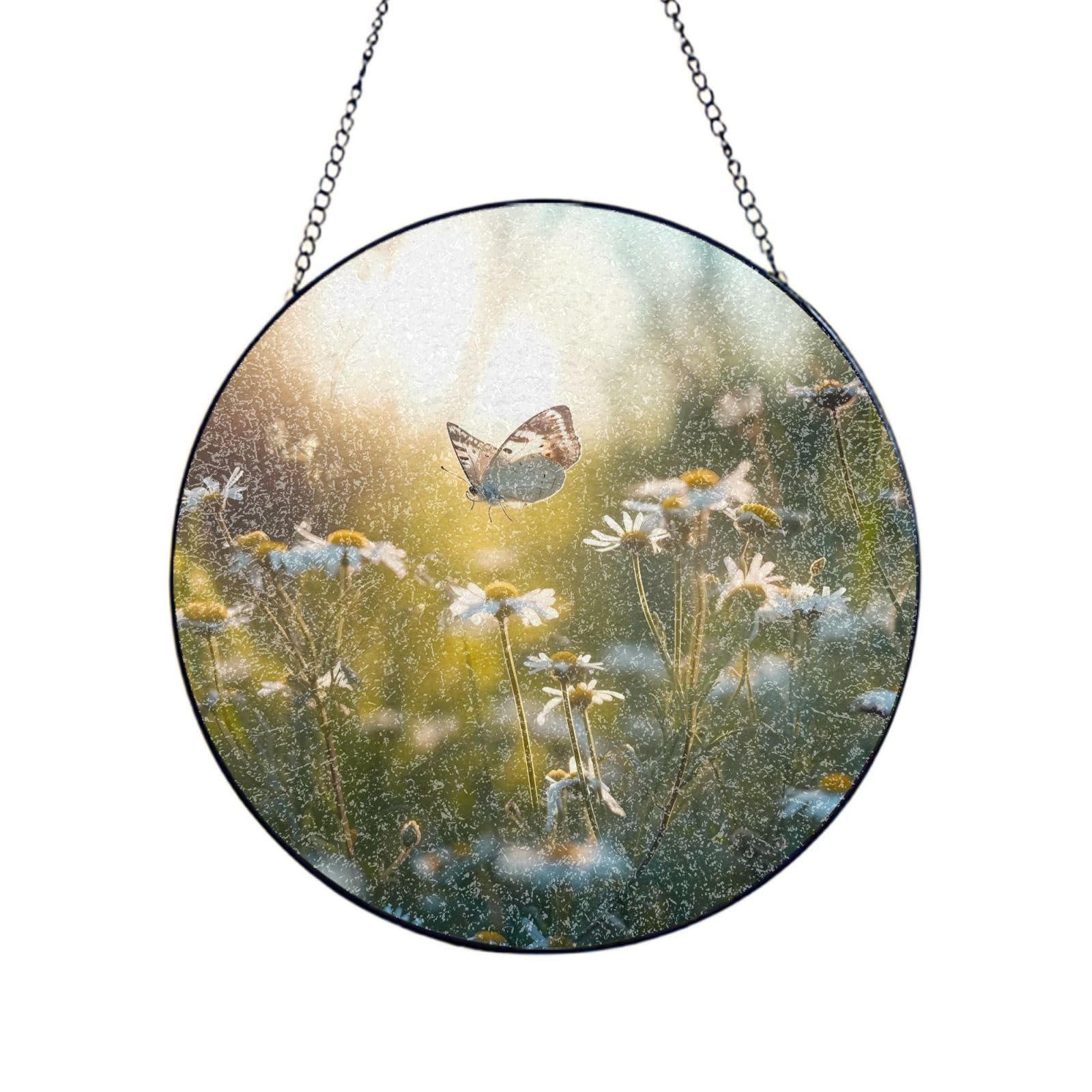 Phayah Daisy Butterfly Print Stained Glass Window Hanging Sun Catchers Decoration Mother'S Day Birthday Gifts For Home Garden Porch 4in（10cm）