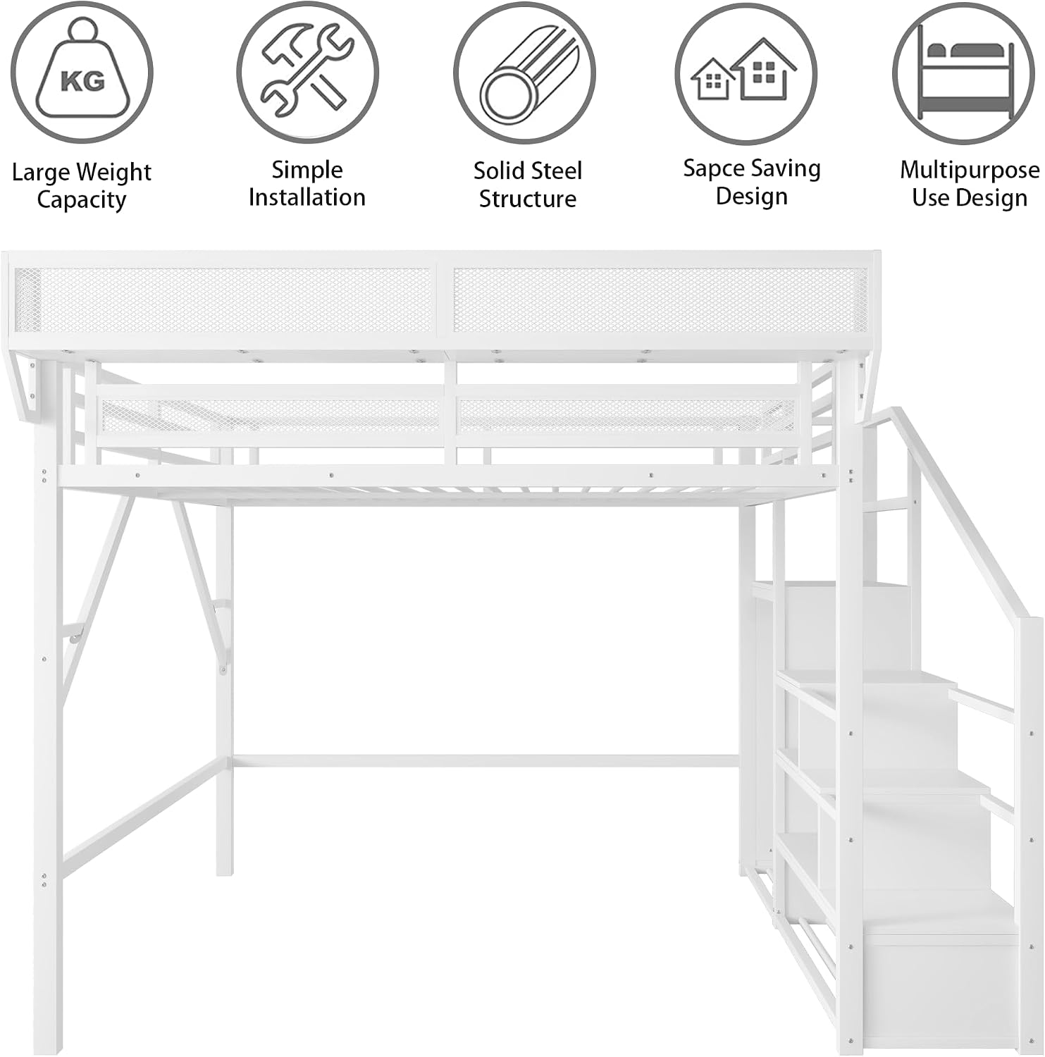 Queen Size Loft Bed with Stairs, Heavy Duty Metal Loft Beds Frame with Storage Shelf & Wardrobe, Tall LoftBed with Under-Bed Space for Adult Teens Junior,Space Saving Design,White