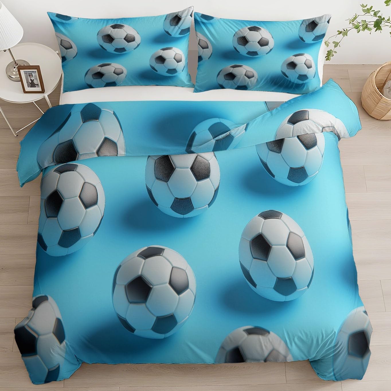 Housse de couette 240 x 220 football avec parure de lit 2 personnes en microfibre bleue