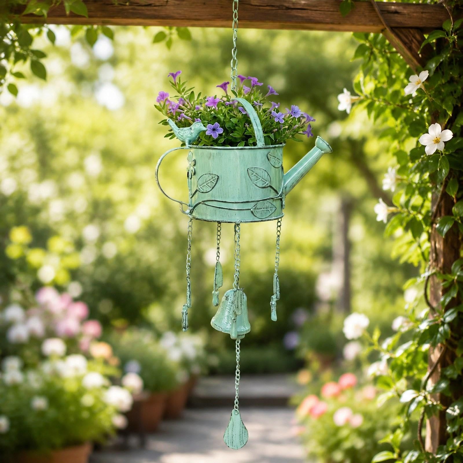 Baoblaze Annaffiatoio in Metallo con Campanellino a, Versatile, Rustico, Decorativo da Appendere per Interni, Giardino ed Esterni, Idea Regalo, Verde
