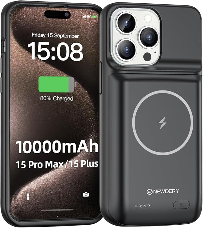 NEWDERY Battery Case for iPhone 15 Pro Max/iPhone 15 Plus, 10000mAh | Qi Wireless Charging, LED indicators, Extended Battery Pack, USB C Charger Case for iPhone 15 Pro Max/15 Plus