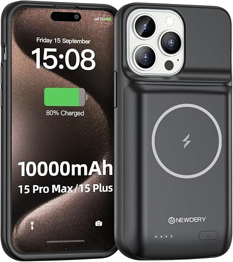 NEWDERY 10000mAh Battery Case for iPhone 15 Pro Max/Plus, USB C Qi Wireless Charging,Portable Protective Charger Case Battery Pack