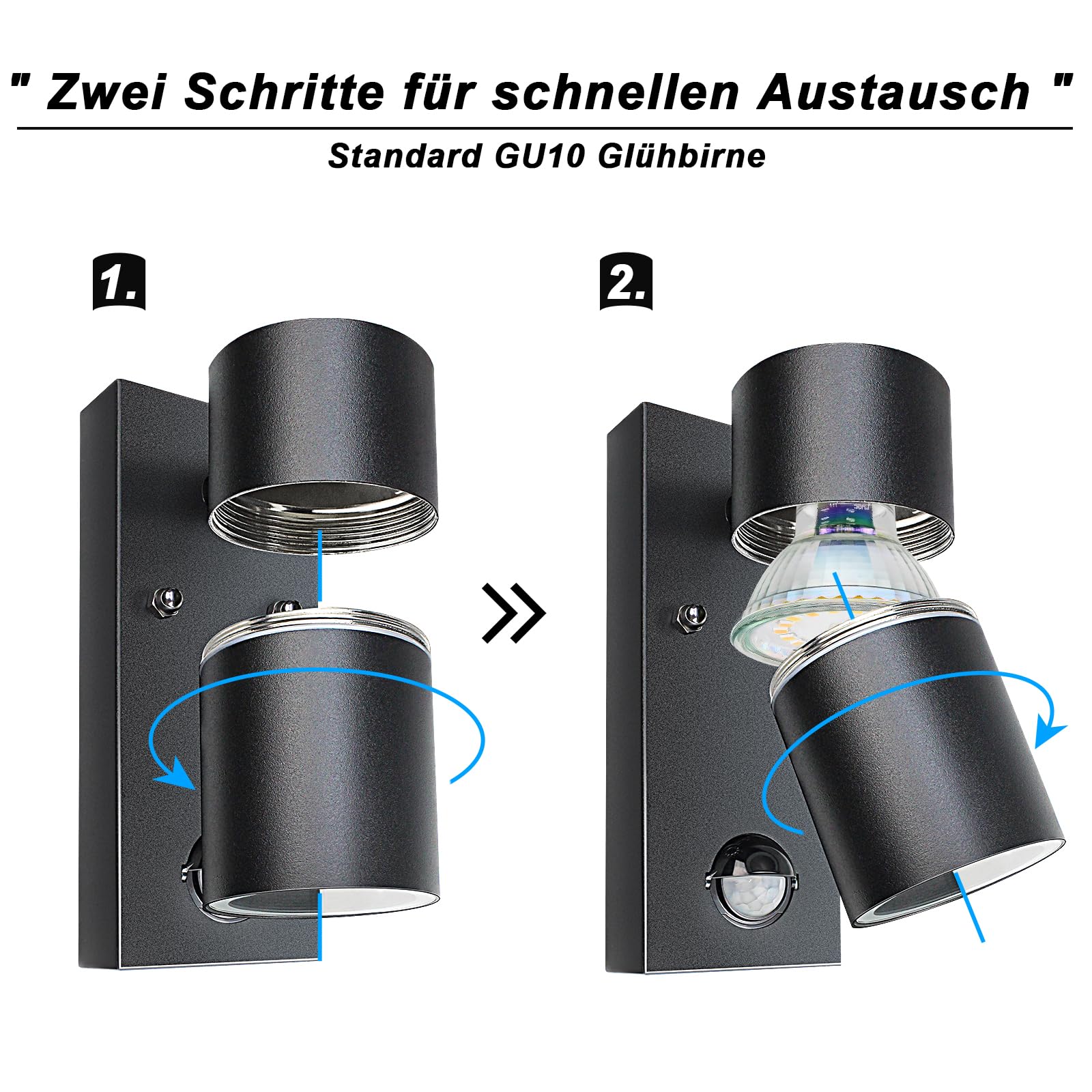 2er Aussenlampe mit Bewegungsmelder Schwarz IP44 GU10 inkl. 5W LED | Außenleuchte mit Bewegungssensor Aussenleuchten warmweiß Metall Terrasse Balkon Garten Eingang Garage 230V 2x5W 500lm licht