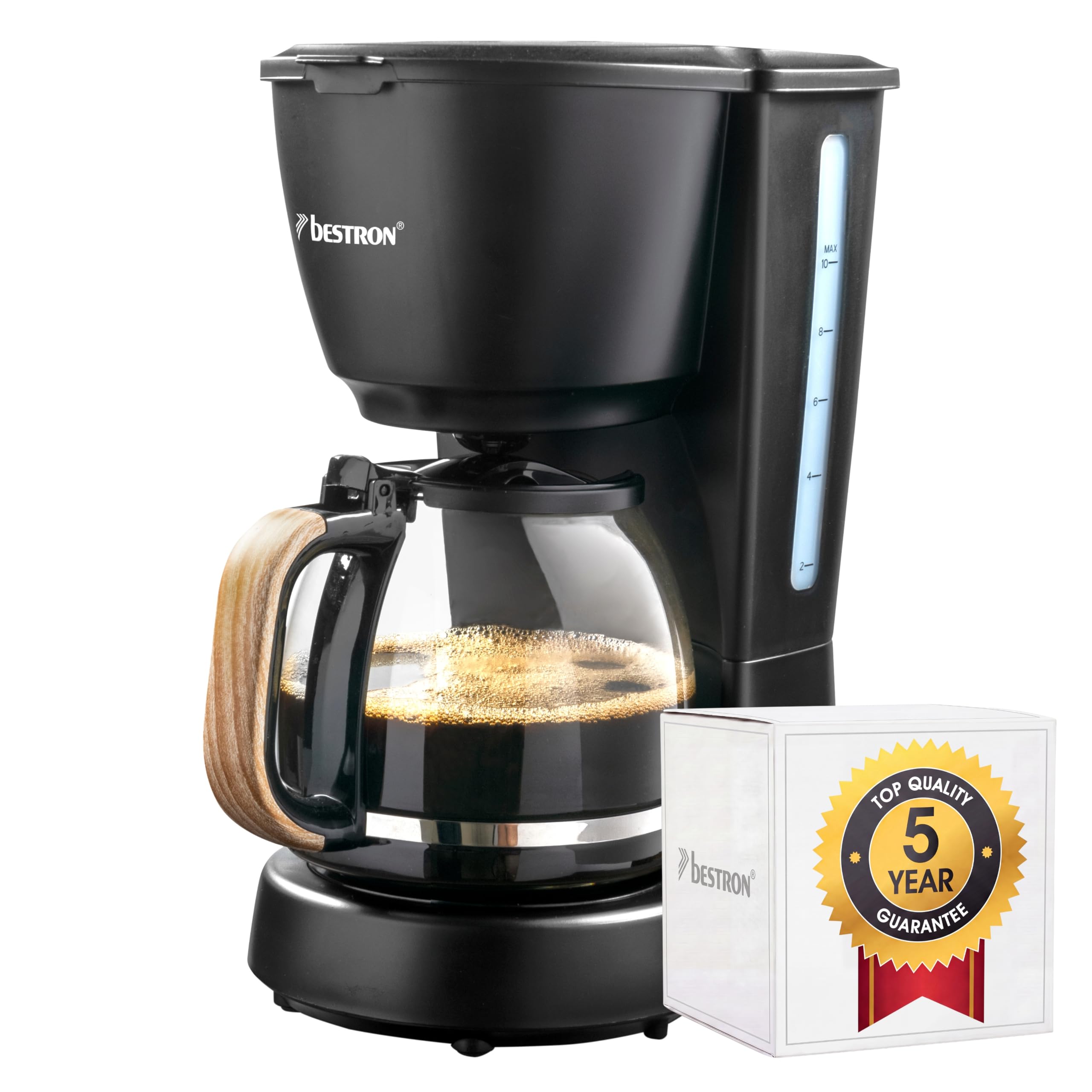 Bestron Cafetera de Filtro 1,5 L para 10 Tazas, con Jarra de Vidrio, Filtro Permanente y Placa Calentadora, 1000 W, Diseño Black & Wood, Negro/Madera, ACM900BW