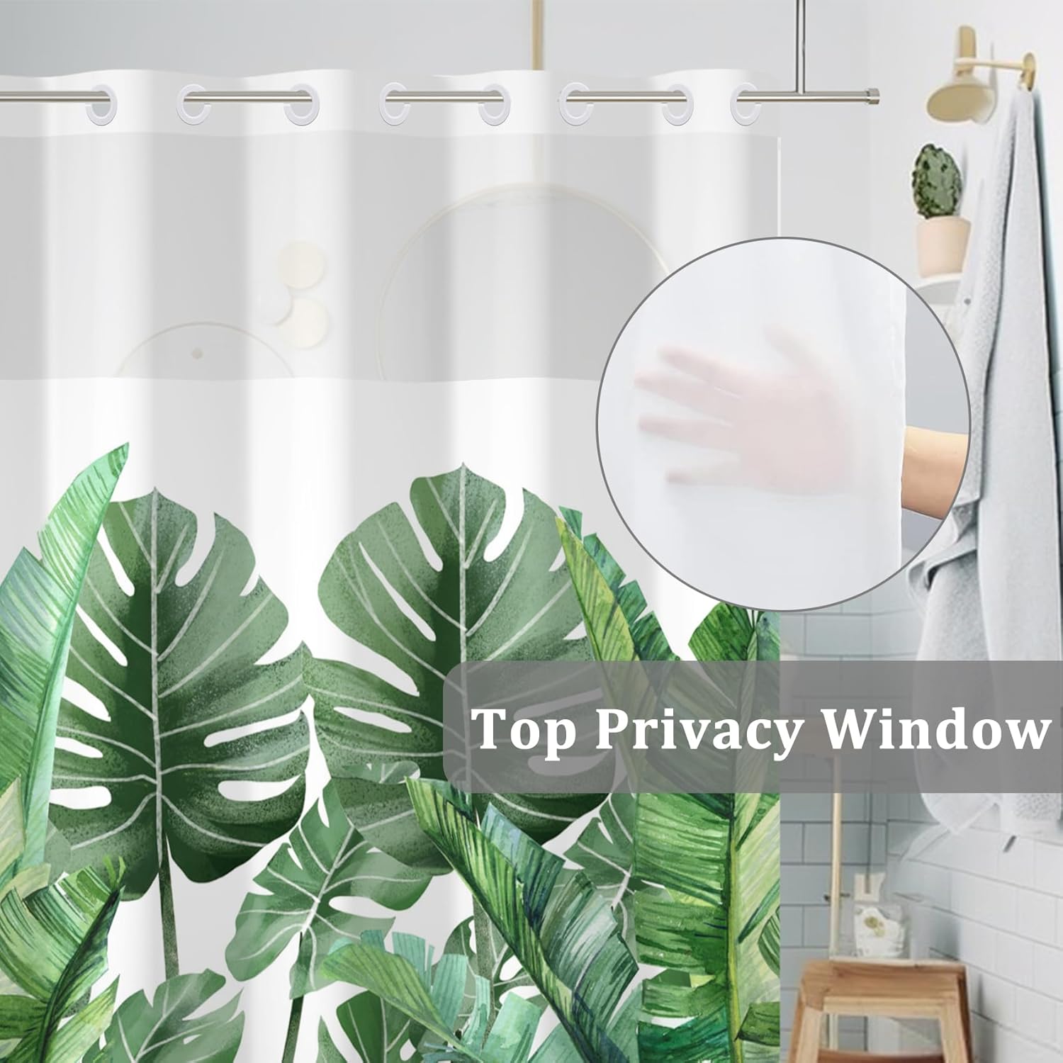 Baocicco Palm Leaf No Hook Shower Curtain Green Banana Leaves Tropical Botanical Double Layers Waterproof Fabric with See Through Top Window Minimalist Hotel Shower Curtain and Liner Set 71x74 Inch