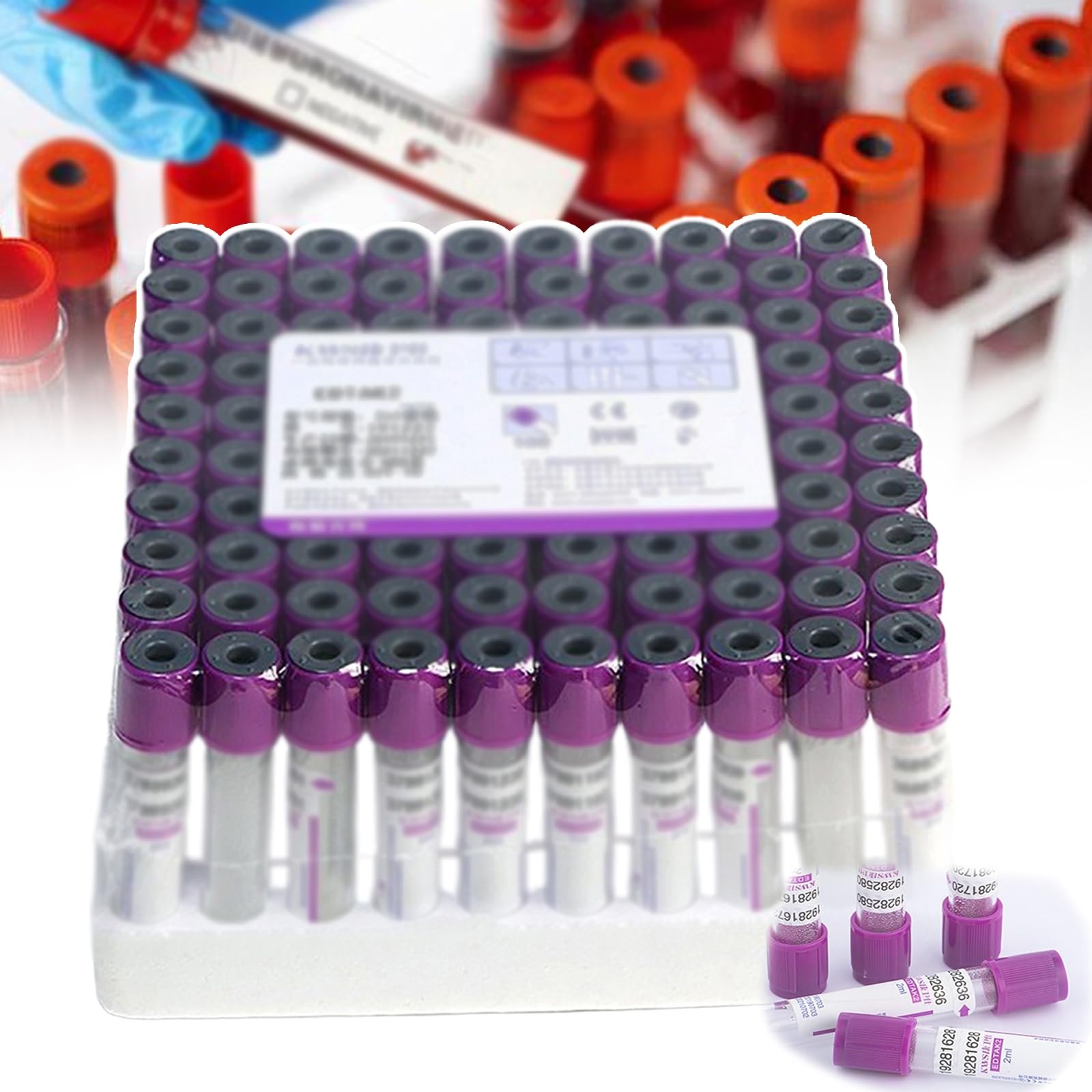 100 provette per prelievo di sangue Vacutainer, 2 ml/3 ml/5 ml/10 ml, provetta da centrifuga in vetro, pressione negativa monouso, provette da laboratorio, con tappo + etichette,5ml