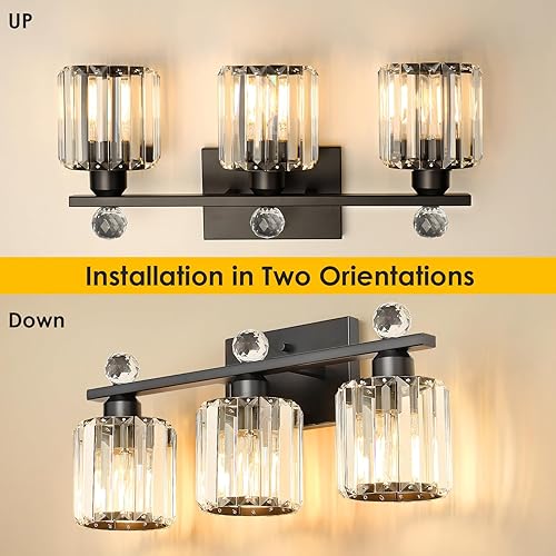 Miniatura 6 de 3 luces negras modernas de cristal K9, accesorios de iluminación de baño negros de acero inoxidable para tocador