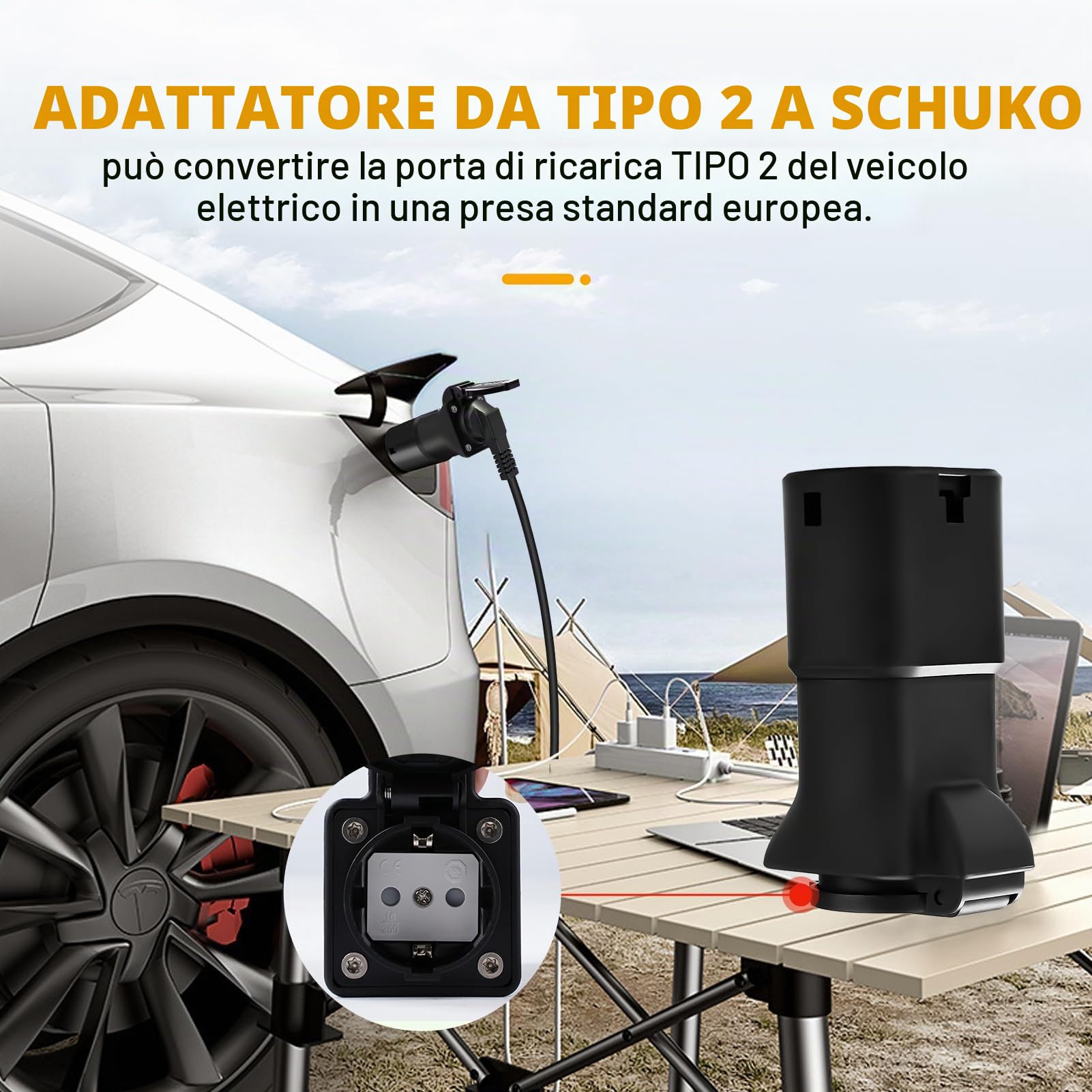 Adattatore V2L per Auto, Adattatore Tipo 2 Schuko 3.5kW 16A 220V per MG4 MG5 ZS MARVEL R IP54 UL94 V-0 per Emergenza Campeggio Alimentazione Dispositivi