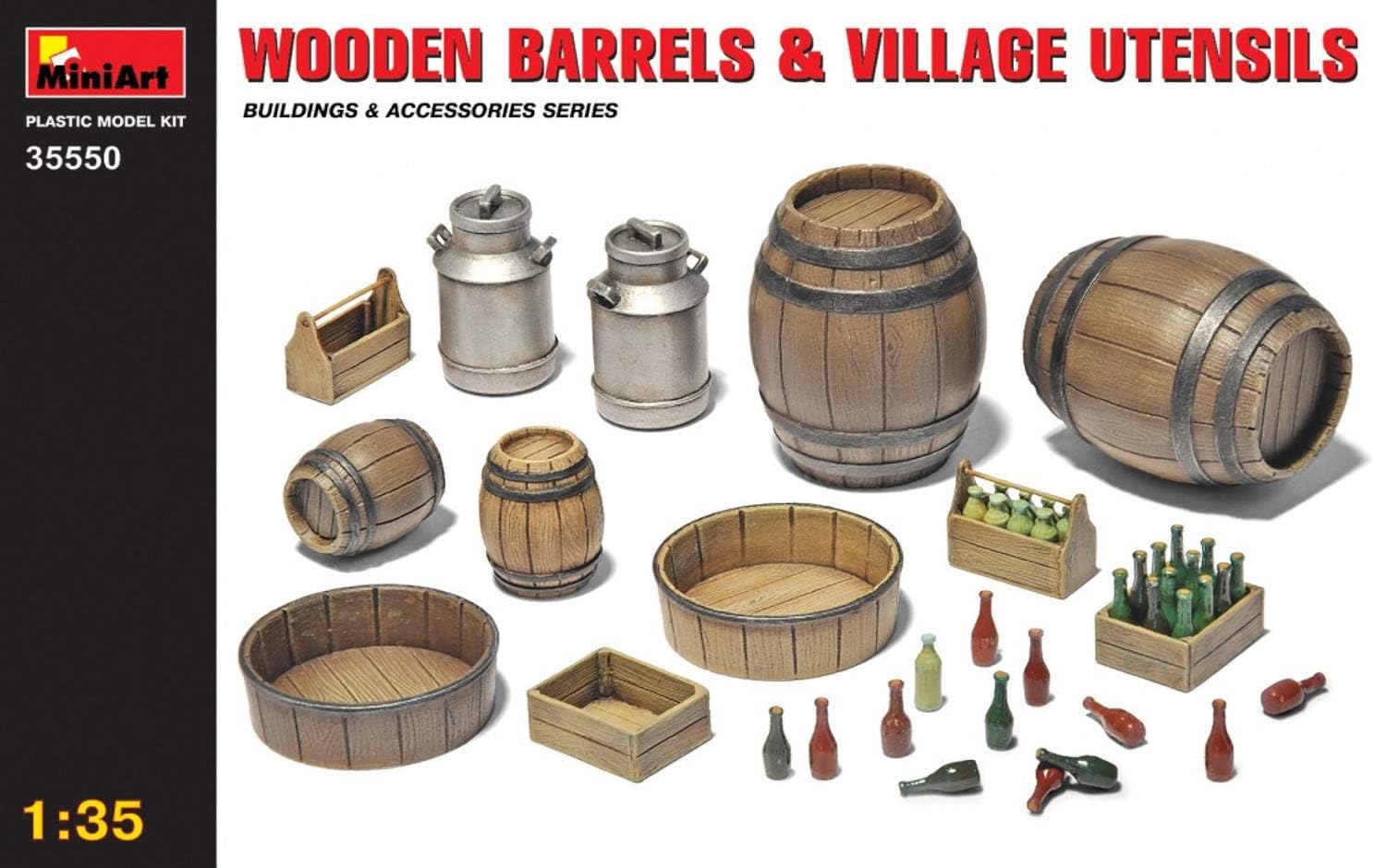 MiniArt 1:35 Scale Wooden Barrels & Village Utensils Plastic Model Kit,Multicolor,Small