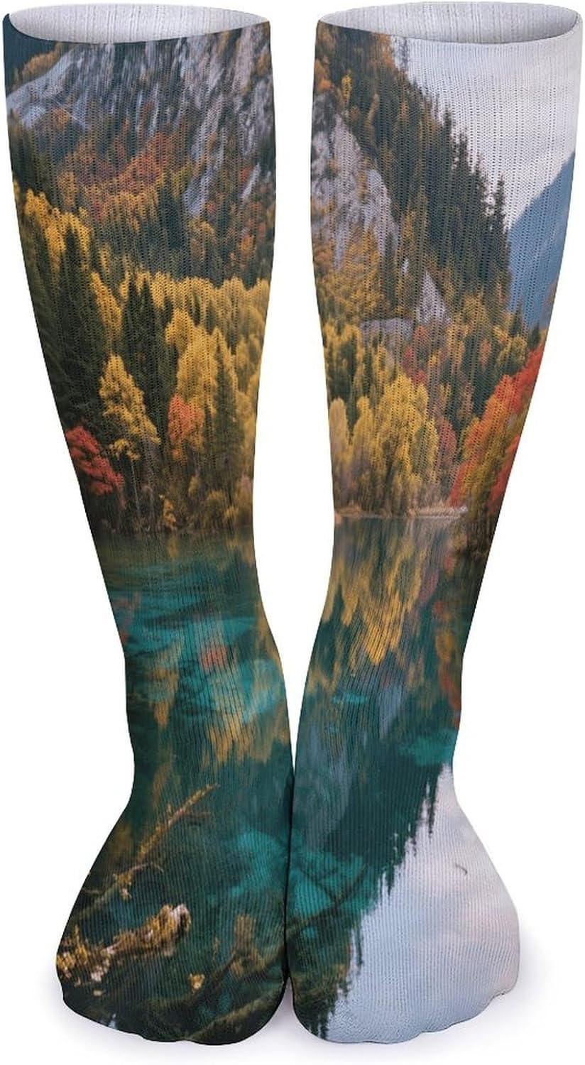 Colorful Lake Forest Crew Socks High Stocking Thermal Socks | Tube Socks-Breathable-Moisture-Soft-wicking for Hospital Pilates Yoga for women men Grippy for office and daily walking