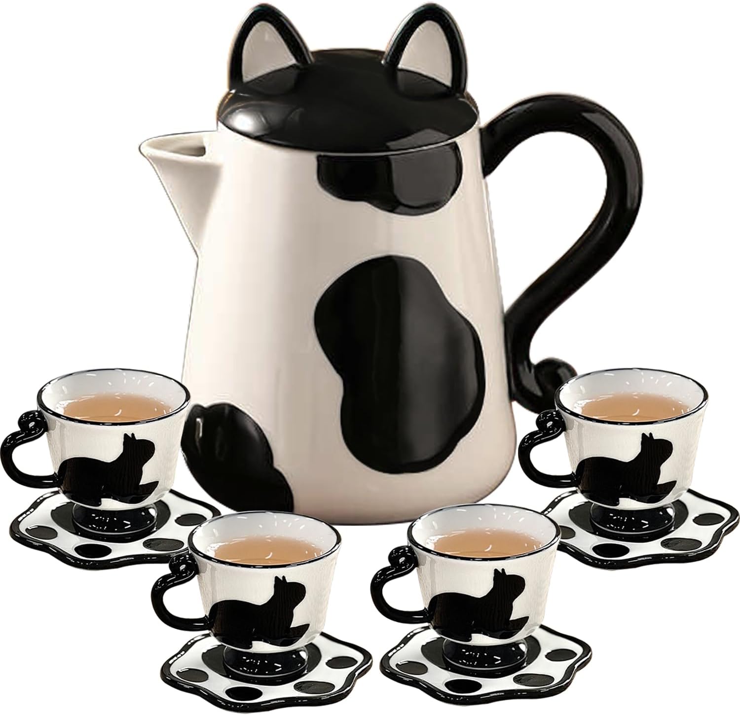Black Cat Real Porcelain Tea Pot and Cups Set Gifts for Cat Lover, Orkim Lucky Cat Ceramic Teapot And Teacups Set with Cat Paw Coasters for Adult Women, 4 Pack Coffee Mugs