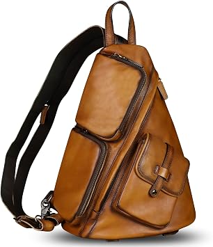 IVTG Genuine Leather Large Sling Bag for Men and Women Large Sling Backpack Purse Shoulder Crossbody Chest Bag for Ipad Brown