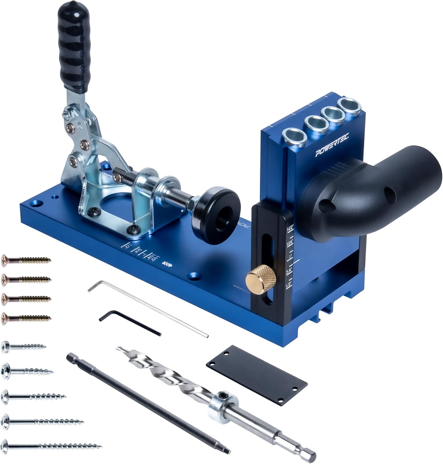 POWERTEC Aluminum Pocket Hole Jig Set with 1-1/4" OD Dust Port, Drill Bit, Drill Stop, Toggle Clamp, Screws. Adjustable Pocket Screw Jig for Woodworking DIY Carpentry Projects & Wood Joinery (71844)