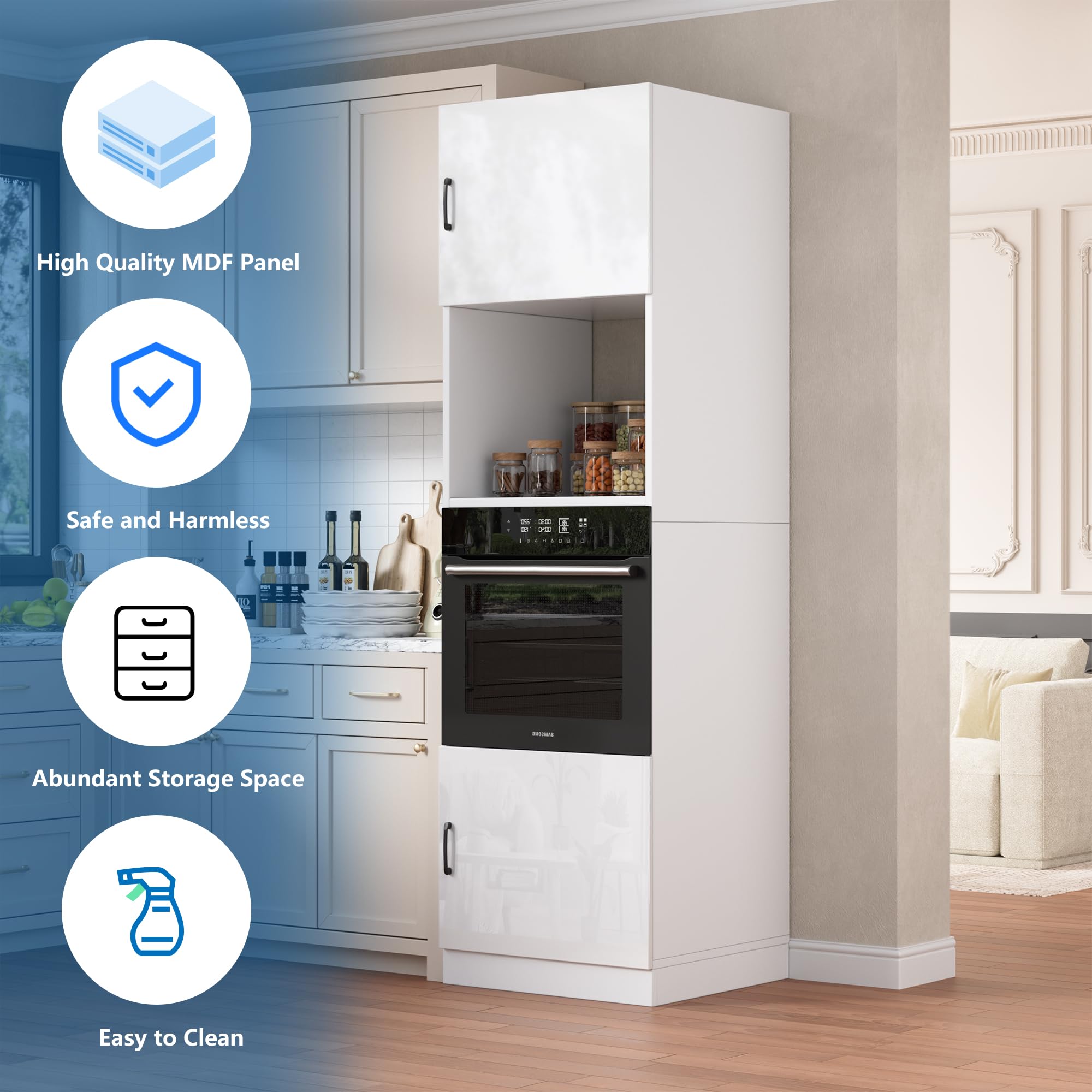 MSFE Colonne four et Micro Onde Encastrable,Armoire Micro-ondes 60x57.2x207cm,Armoire de Cuisine avec Étagère,Meuble de Rangement Salle à Manger Maison Intérieur,Blanc Très Brillant,Expédié en 2 Colis