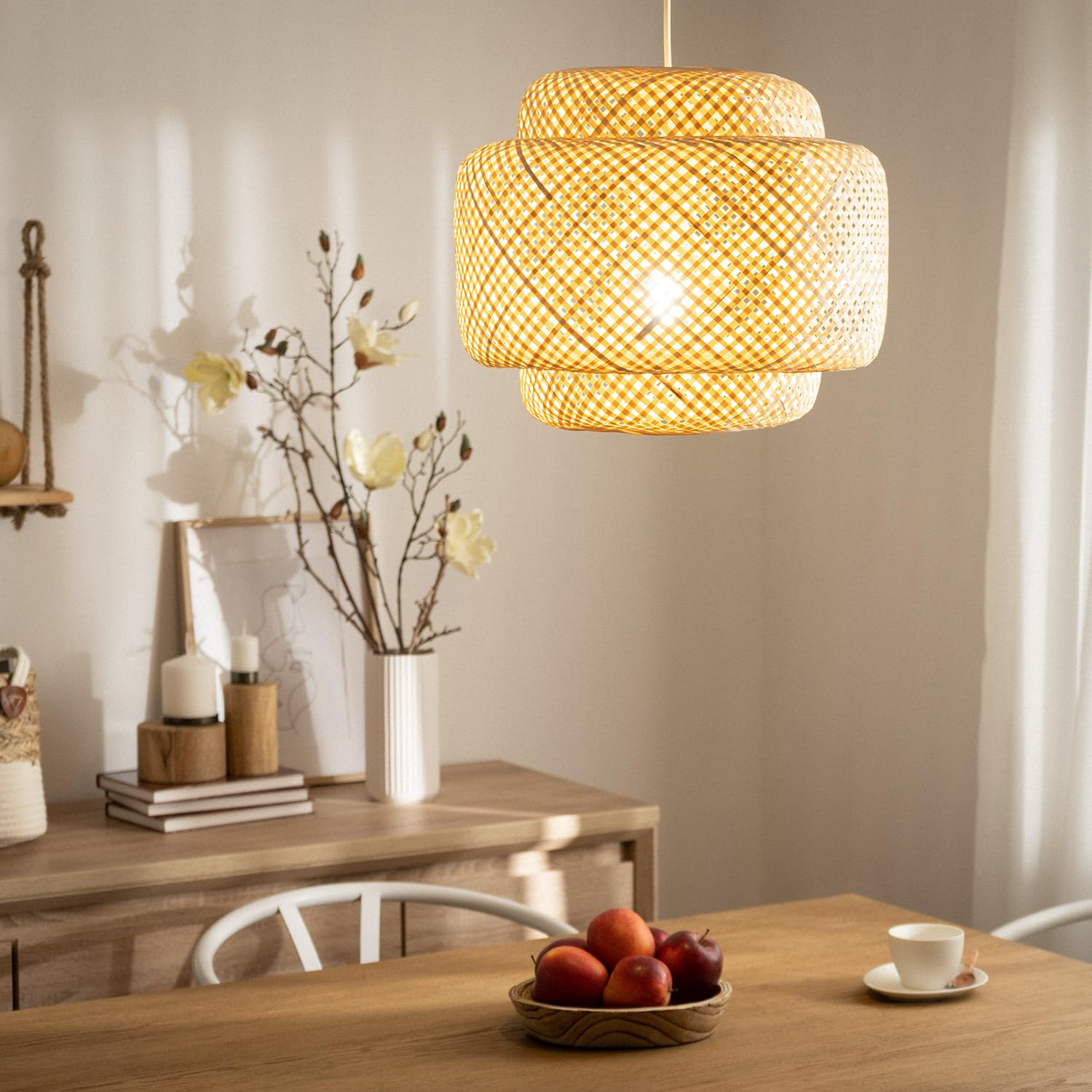 LEDKIA LIGHTING - Lámpara Colgante Bambú | Diseño Boho-Chic | Iluminación Versátil E27 | Uso Interior IP20 | Dimensiones 310x420 mm | Apta para Salón y Dormitorio, Natural, Bambú