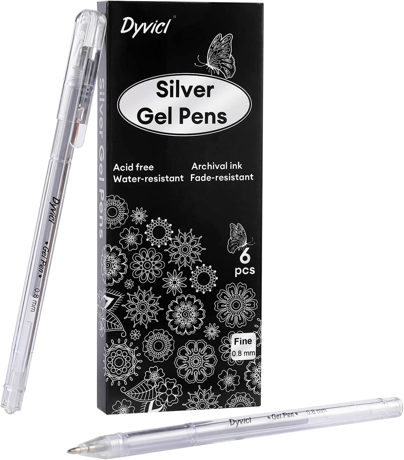Dyvicl Metallic Silver Gel Pens, 0.8 mm Fine Pens Gel Ink Metallic Gel Pens for Black Paper Drawing, Sketching, Illustration, Adult Coloring, Journaling, Set of 6