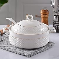 LAAMMIAM White Bone China Soup Tureen with Gold Design, 1.5L Double Handle Serving Bowl, Lid & Spoon