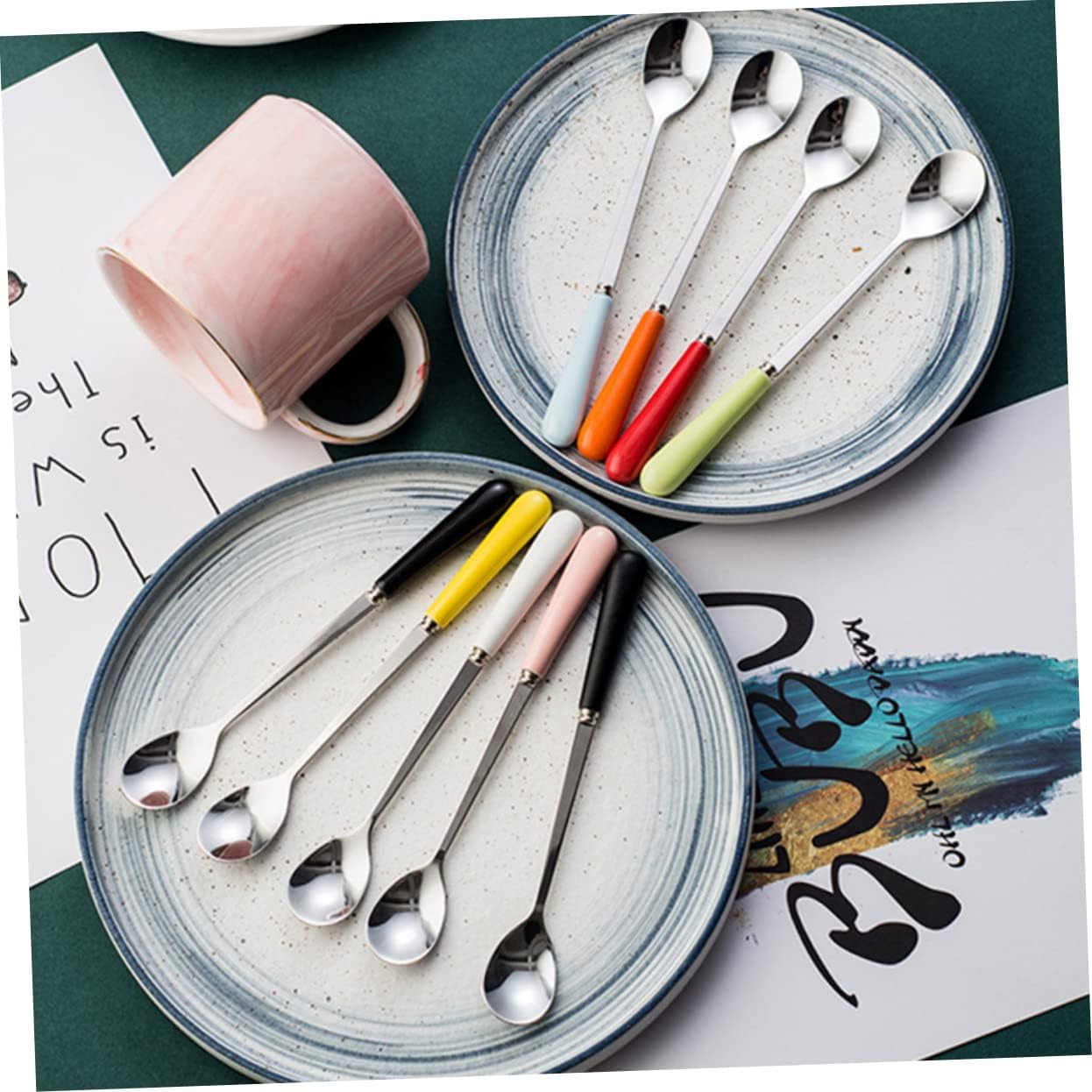 4Pcs Ceramic Handle Stainless Steel Spoons Long Stirring Utensils for Coffee Tea and Condiments and Smooth Finish for Home Office and Cafes