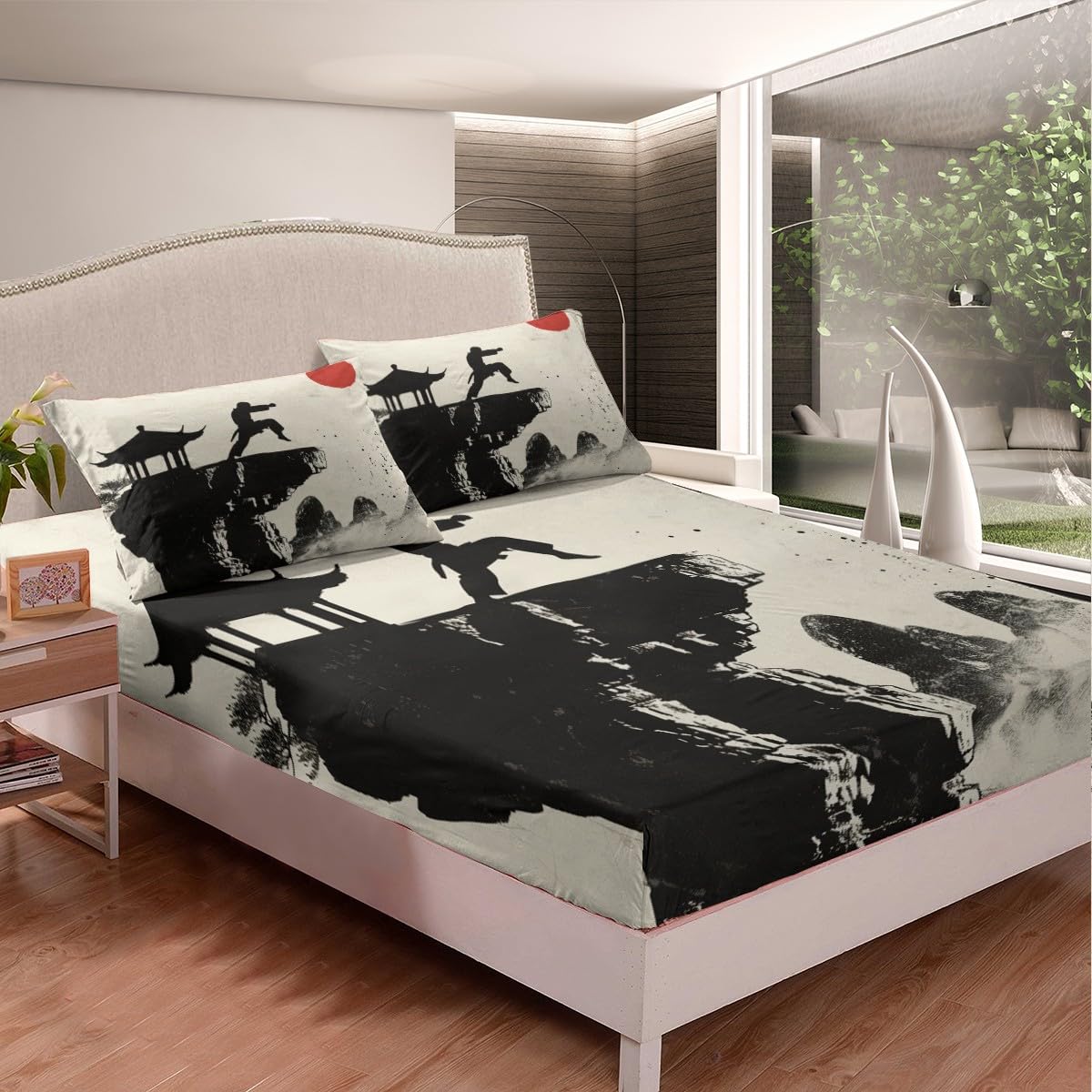 Manfei Karate Fitted Sheet Queen Size, Japanese Style Sports Theme Bedding Set 3pcs, Japanese Kungfu Bed Cover with 2 Pillowcases, Kids Boys Teens Adult Room Decor, Soft Bedding(No Top Sheet)