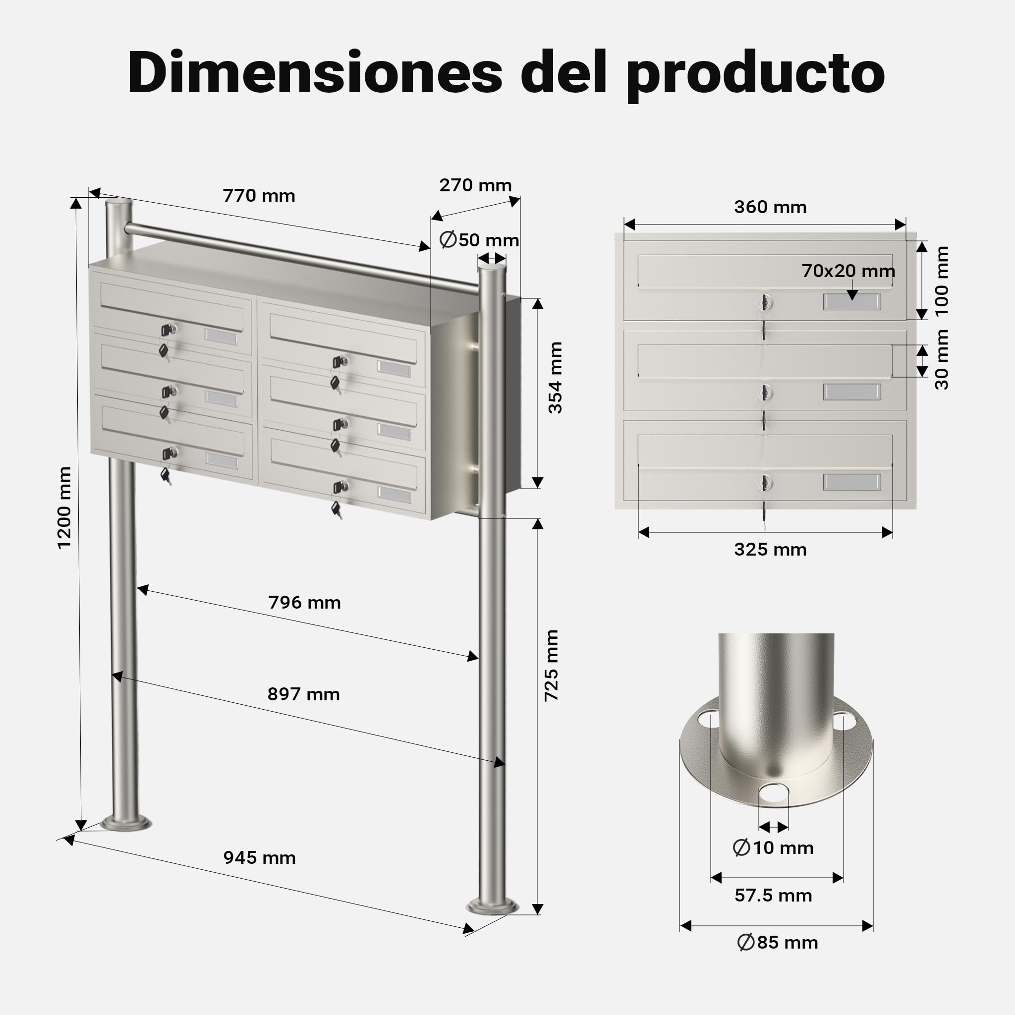 Wiltec Sistema de 6 buzones Acero Inoxidable Resistente a la Intemperie con cerraduras de Cilindro y Llaves instalación Independiente Espacio Amplio para Cartas y Paquetes pequeños