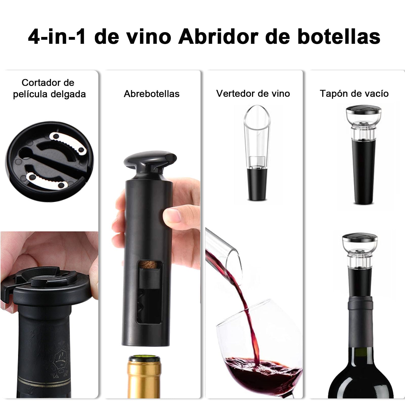Abridor de vino sacacorchos profesional 4 en 1 con cortador de papel, vertedor, tapón de vacío, abrelatas