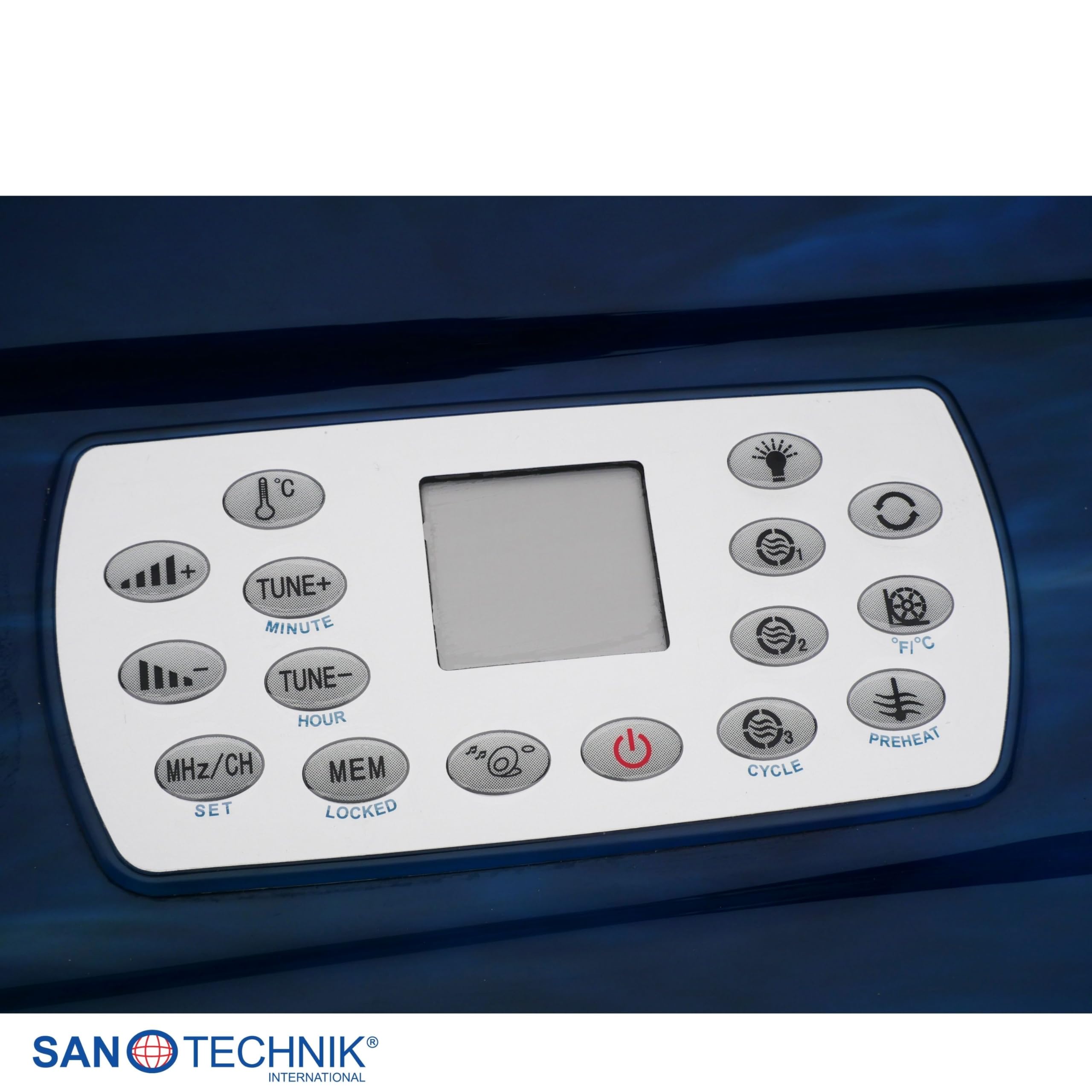 Sanotechnik Outdoor Whirlpool Modena blu – con copertura – Dimensioni 205 x 130 x 70 cm, 35 ugelli massaggianti, illuminazione a LED, radio, altoparlante, Bluetooth, SPA Whirlpool per 3 persone