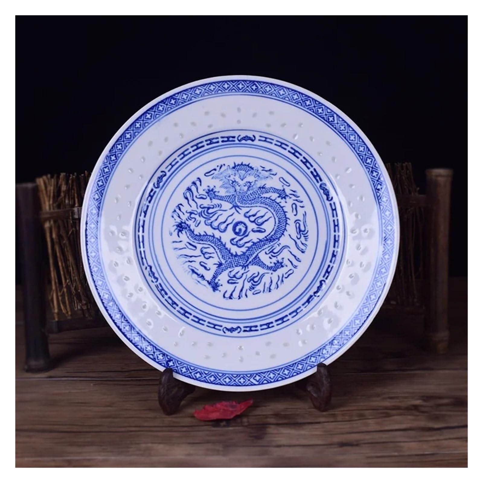 Chiński Płaski Talerz Niebiesko-biały Porcelanowy Obiadowy Ceramiczna Staromodna Zastawa Stołowa Smok Taca Na Jedzenie Elegancja Jest Ponadczasowa(8-inch)