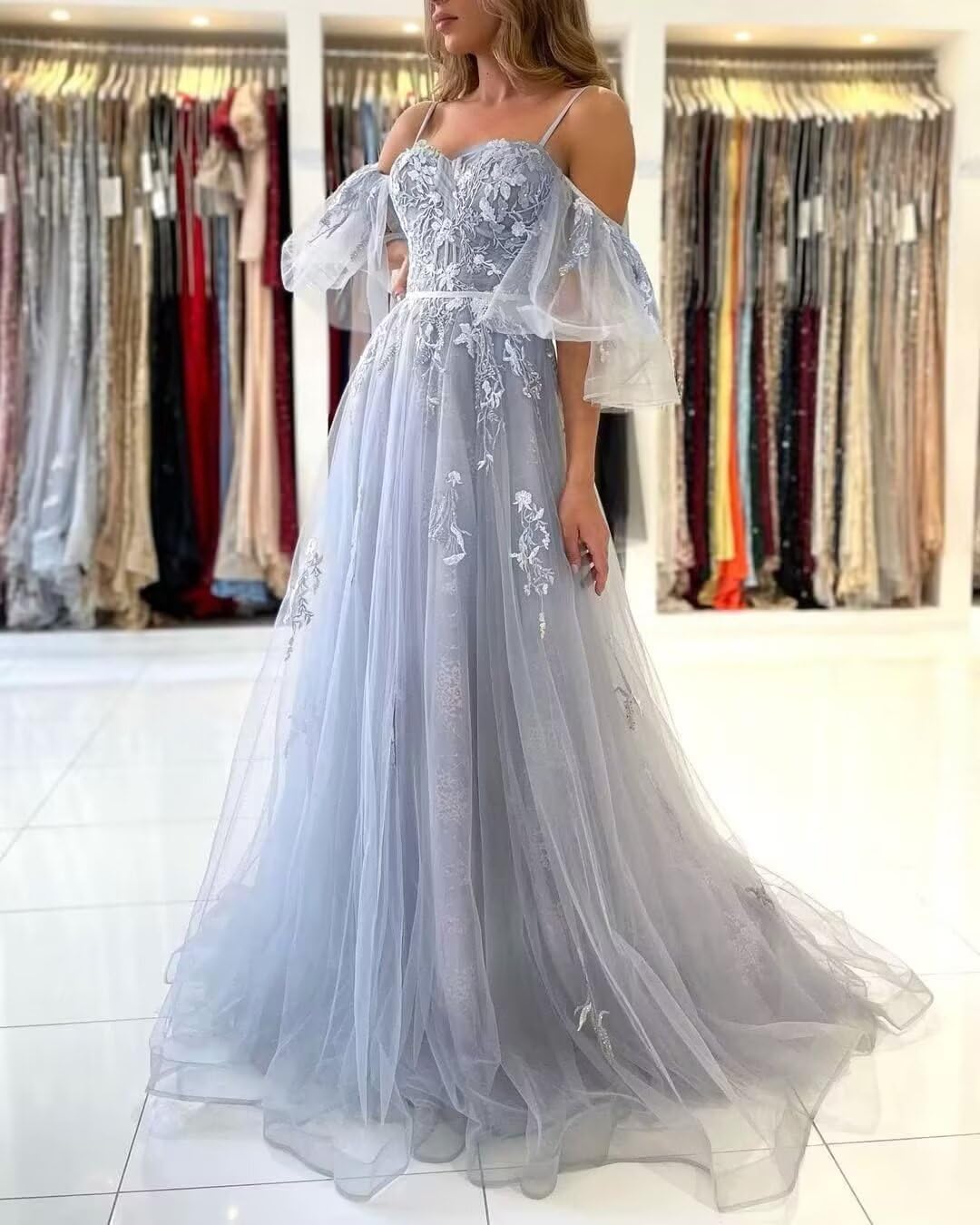 YUAOHUANG Lace Applique Tulle Prom Dresses Off Shoulder Puffy Sleeve Wedding Dress Long Women Sweetheart A Line Gowns