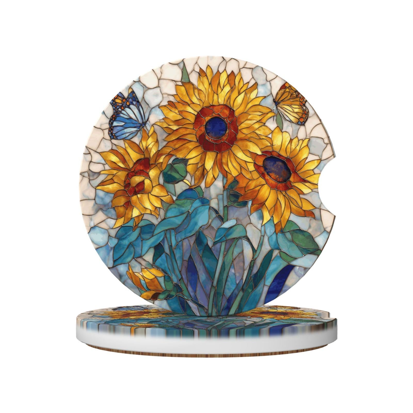 Sunflowers and Butterfly in A Circular Ceramic Coasters,2pcs