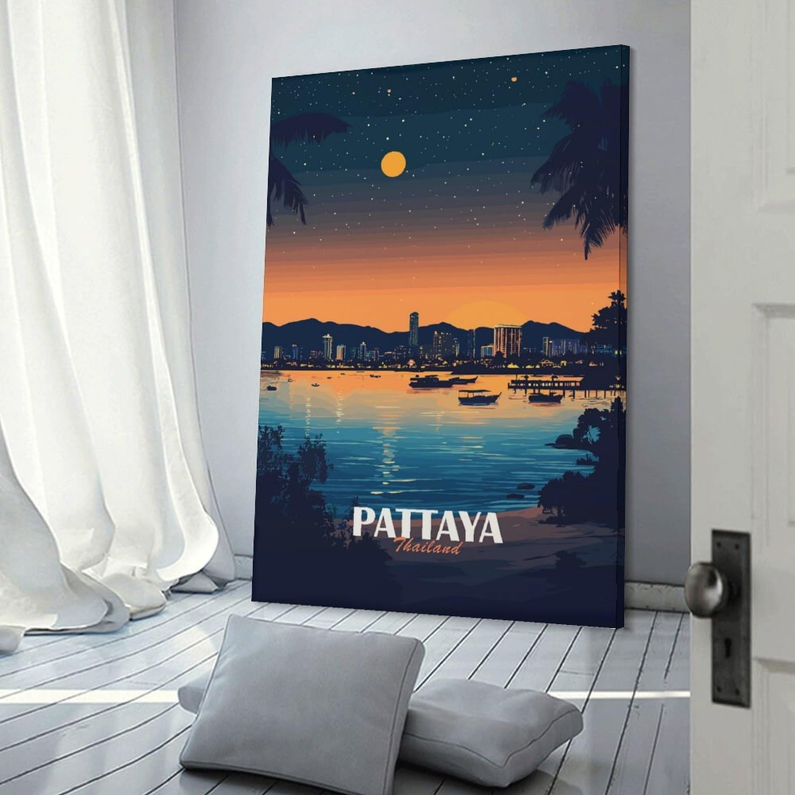 Junmoney Decorative Wall Artwork Pattaya Thailand Cityscape at Night, 24x36inch(60x90cm), for Calm Bedrooms, Home Corners Or Flats, An Easy Wall Refresh for Bedrooms