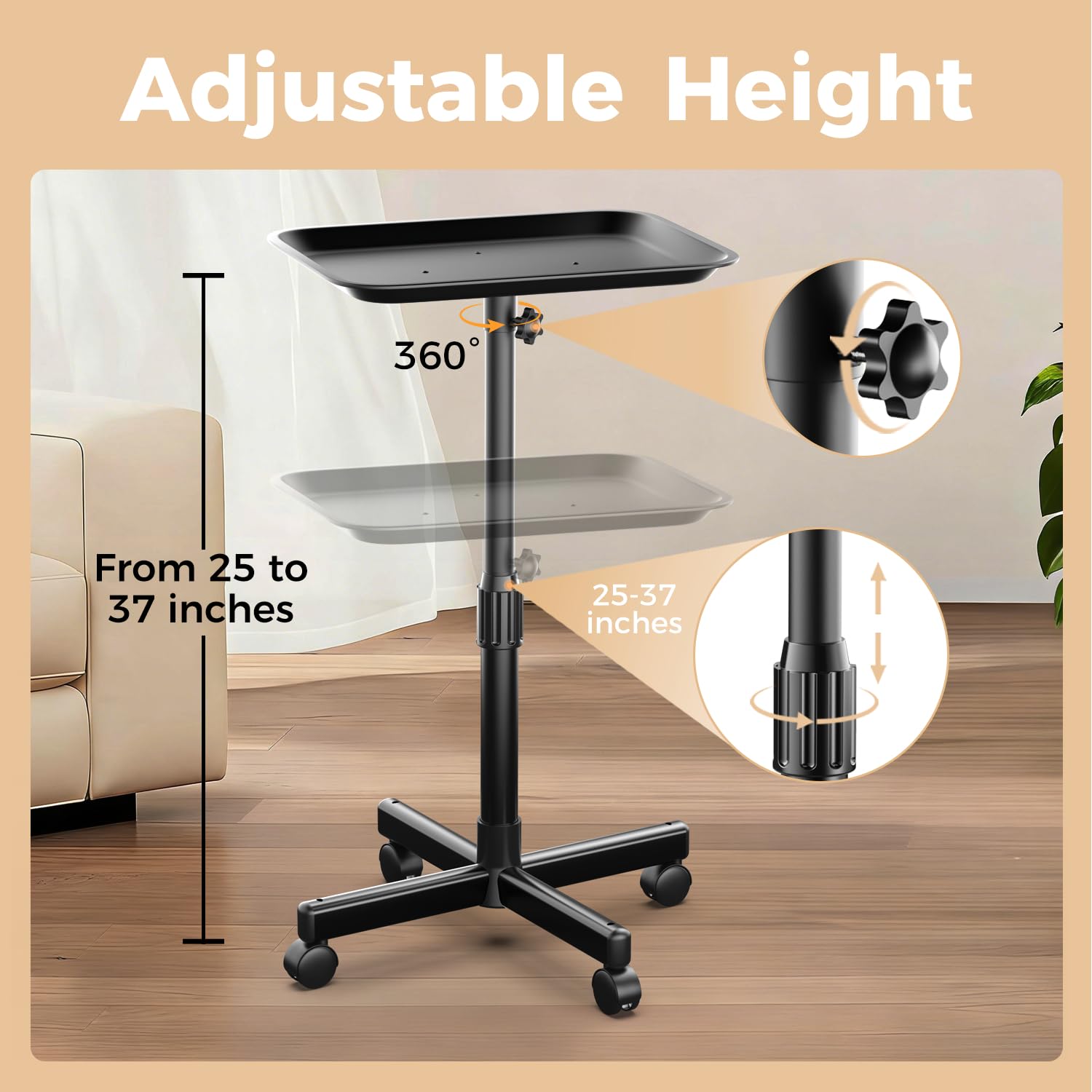 Back-Saving Salon Tray on Wheels, Adjustable Height (25-36inch) Rolling Cart for Hair Stylists, Tattoo Artists, Lash Techs—Spa Clinic Home Salon Trolley (36inch-Black, 12.3×16inch)