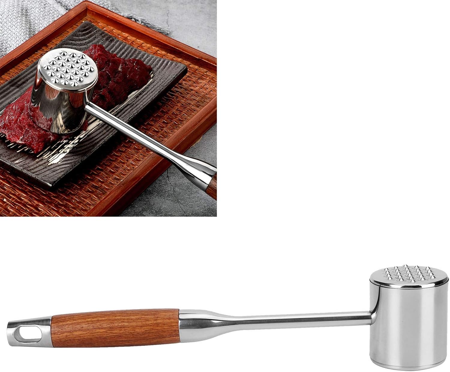 304 Stainless Steel Meat Mallets Hammer, Dual Sided Meat Tenderizer Tool with Ergonomic Wood Handle, Textured for Tenderizing, Smooth for Flattening, Kitchen Accessory with Hook f