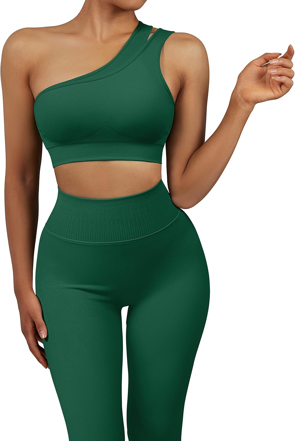 Miniatura 2 de OMKAGI Workout Set for Women 2 Piece Seamless One Shoulder Sports Bra Scrunch Butt Lifting leggings Gym Outfits Tracksuits