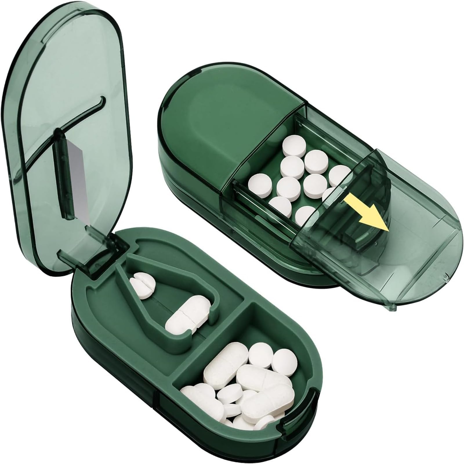 Pill Cutter, Portable Splitter 2-In-1 Case With Stainless Steel Blade, Cut Pills In 1/2, 1/4 Mini Organizer Compartment For Tiny Pills, Small Cutter Round