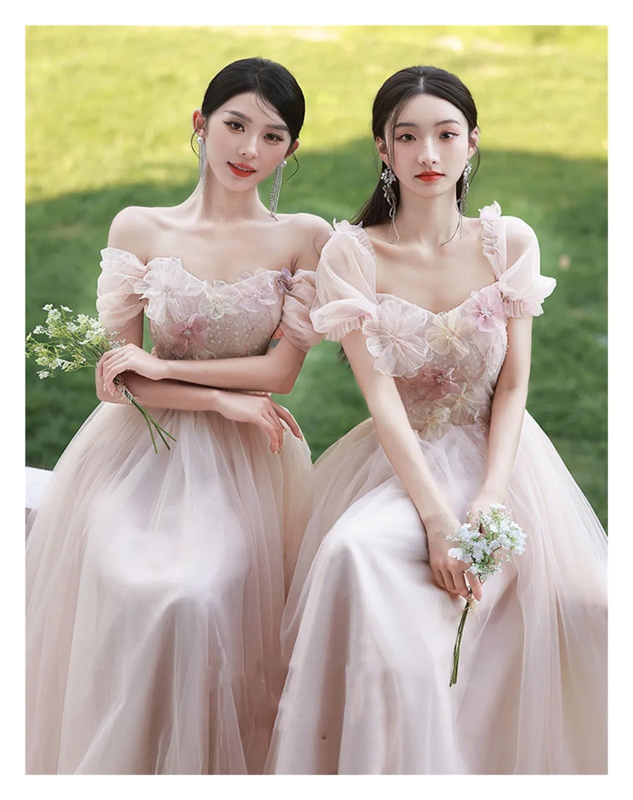 Robe de demoiselle d'honneur rose, 4 Styles, élégante, en Tulle fin, épaules dénudées, avec des Appliques de fleurs, ligne a, robe d'invité de fête de mariage Pour Mariage CéRéMonie(PINK Mid D,6)