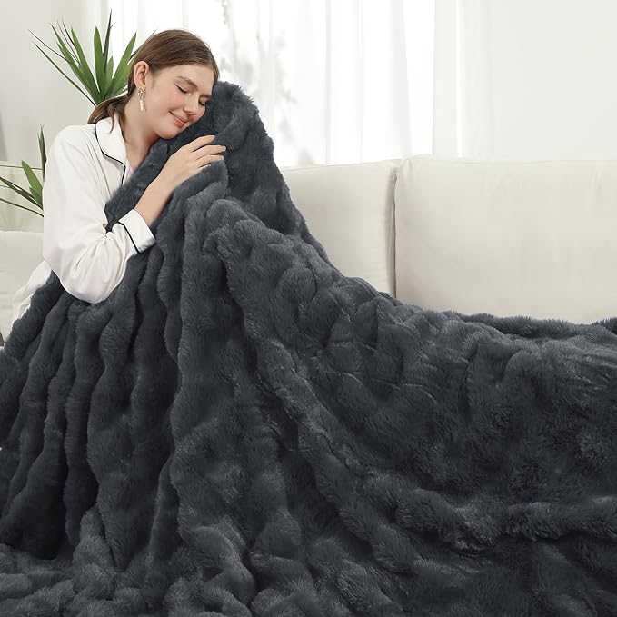 Heated Blanket Full Size,Flannel & Faux Rabbit Fur Bubble Fleece Electric Throw Blanket,6 Heat Settings,1-10 Hour Auto-Off,Overheat Protection,ETL Certified,72" x 84",Machine Washable,Dark Gray