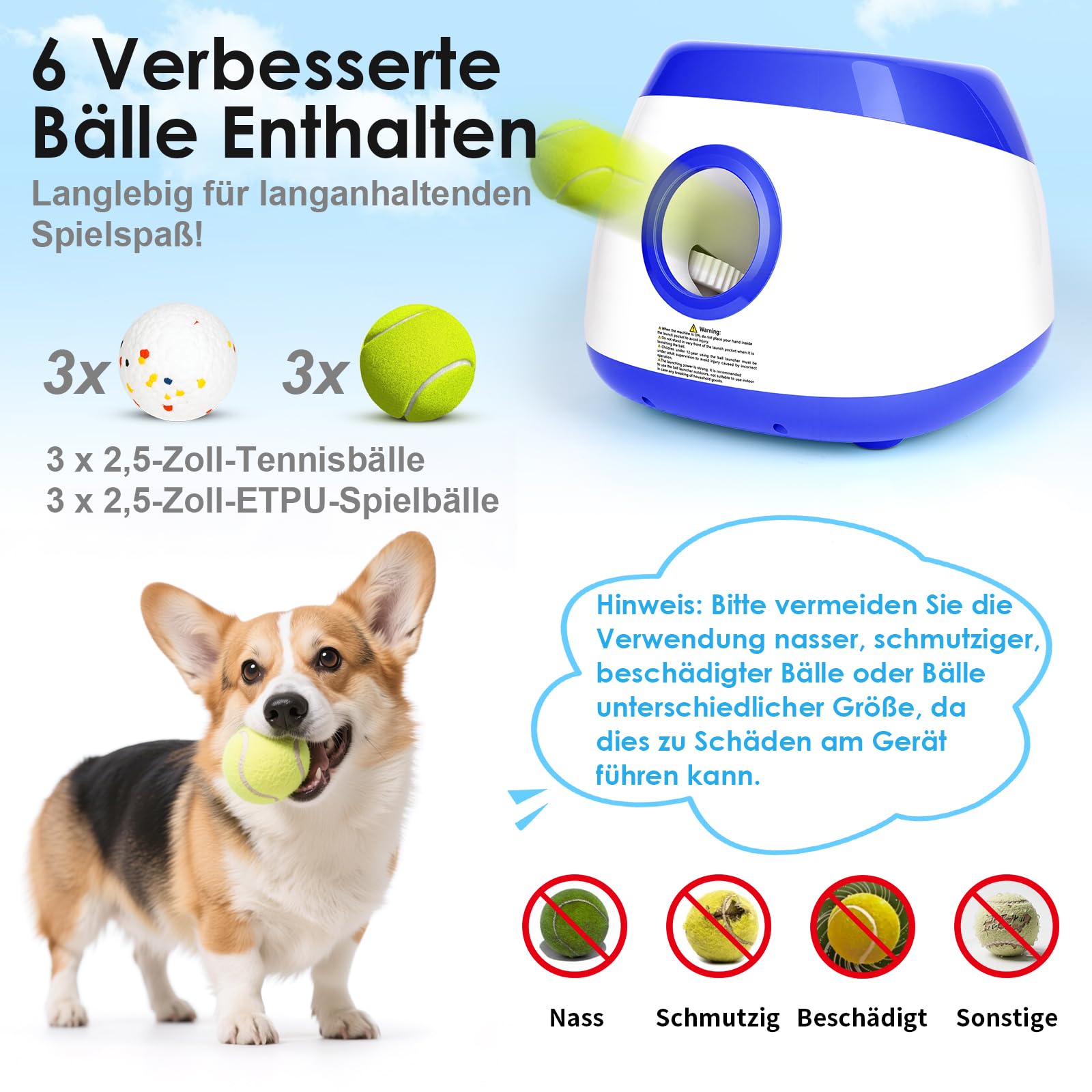 Ballwurfmaschine Hund Automatisch Ballmaschine Interaktives Hundespielzeug Elektrisch mit 6 Stück Hundeball ballwerfer für Hunde Groß und Mittlere
