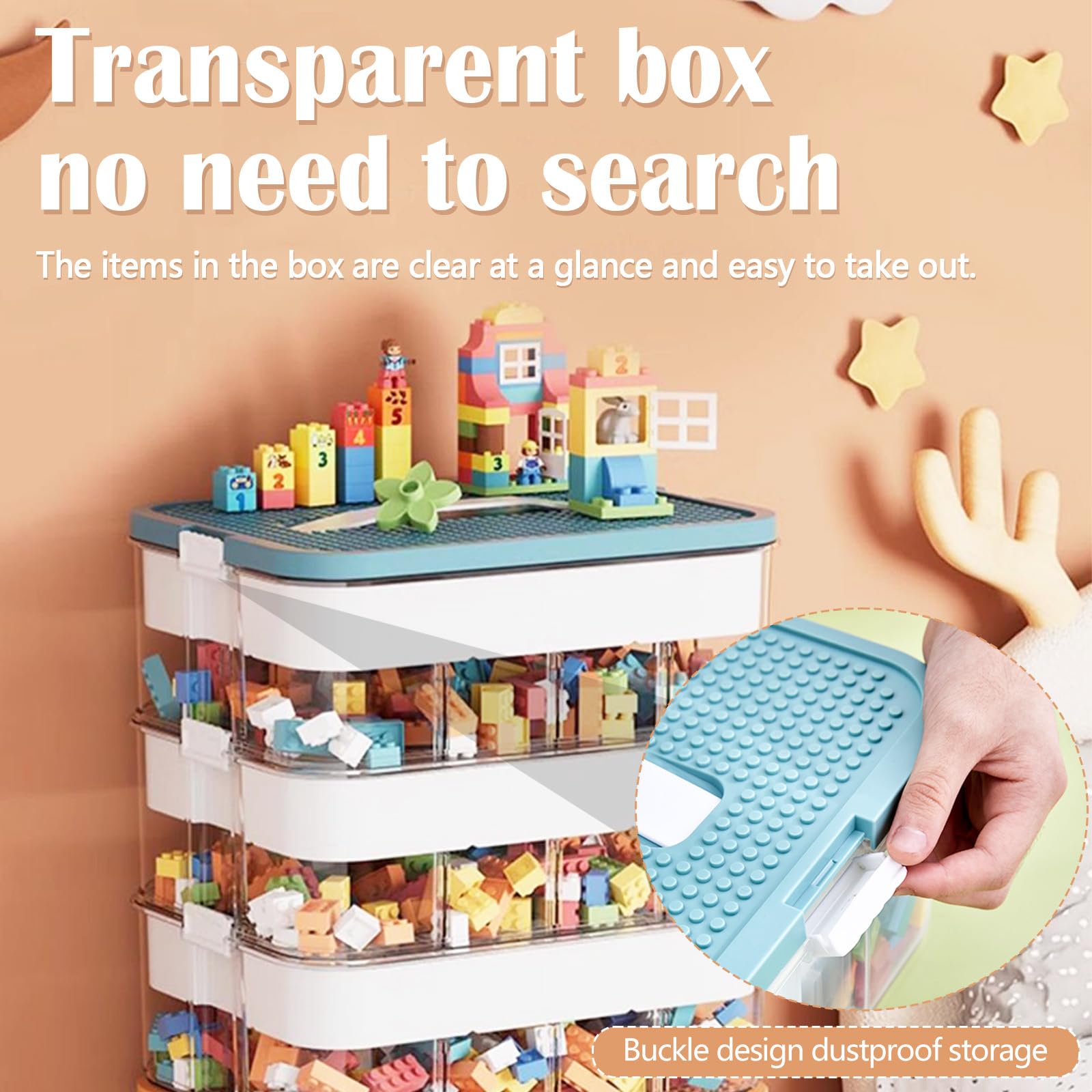 Boite Rangement Plastiquee pour Lego Briques, 3 Couches Boite Rangement avec Couvercle, Jouets Empilable Organiseur Transparent avec Compartiments pour Ranger les Jouets, Coffre a Jouet