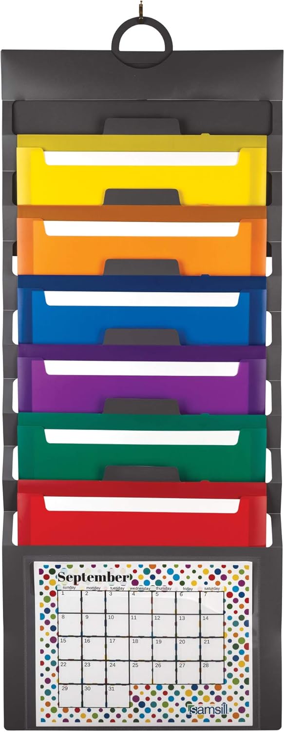 Samsill Cascading Wall File Organizer, Classrom Organization and Storage, 6 Removable Poly Hanging File Folders, Command Center Wall Organizer, Gray with Assorted Color Folders : Everything Else