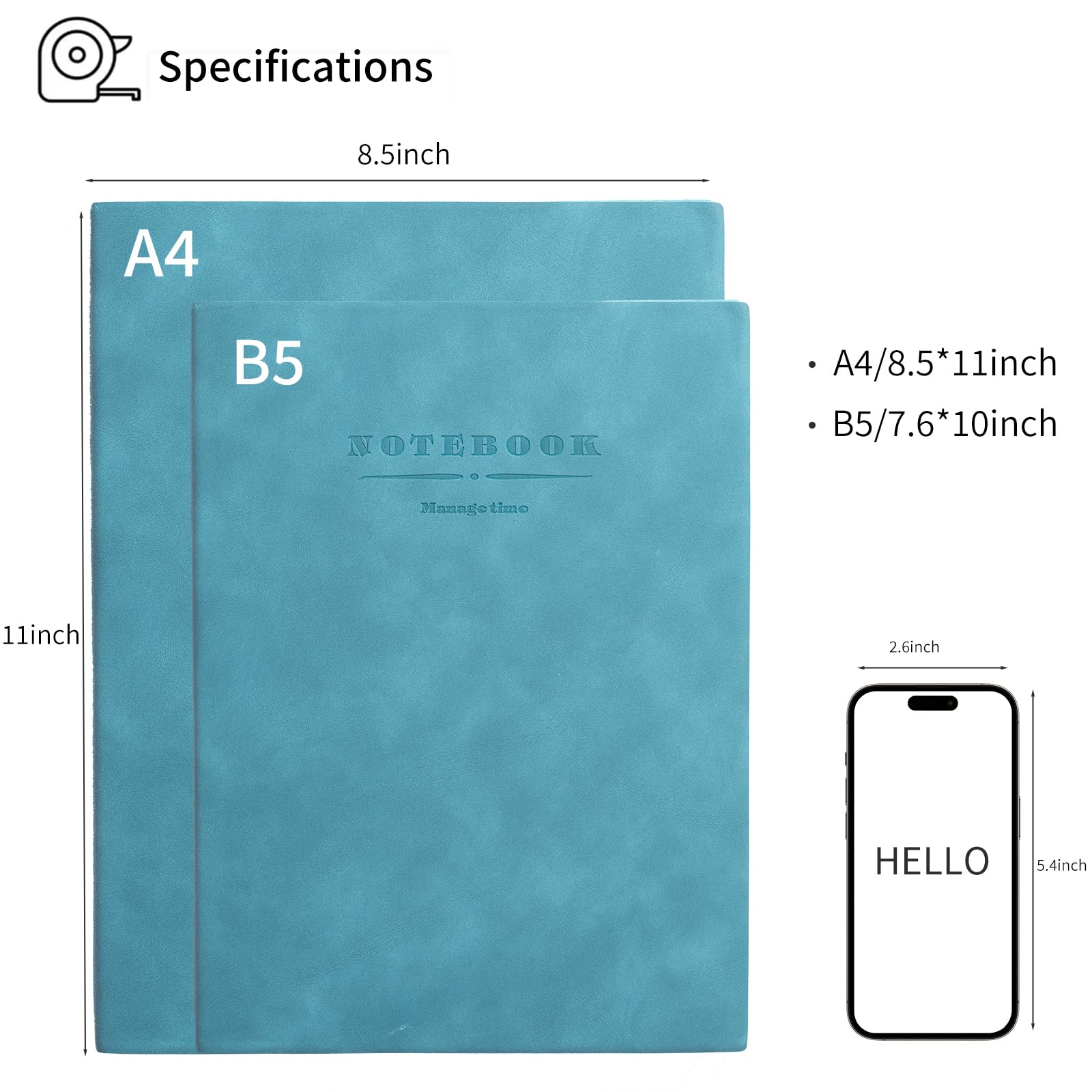 Carnet de notes A4 de 360 pages de papier épais doublé pour homme et femme, couverture souple pour le travail, la prise de notes, parfait pour le bureau, l'école, bleu sarcelle