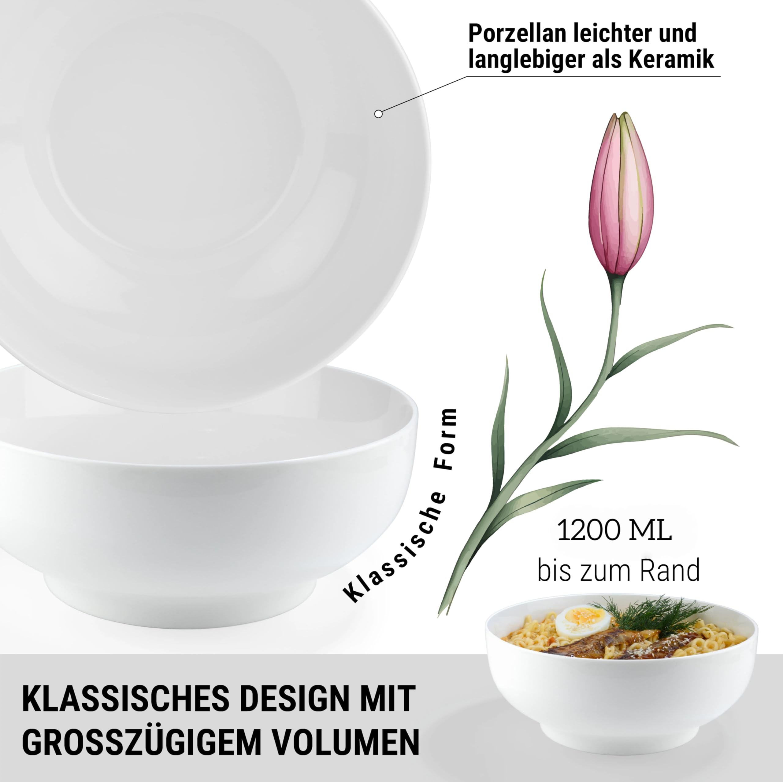 Urban Lifestyle Set Cuencos Ramen para 2 Personas Ø 17,5 cm 1200 ml, New Bone China Blanca, Cuencos para Ramen con Cucharas, Palillos Japoneses y Cuencos Pequeños, Cuencos Sopa