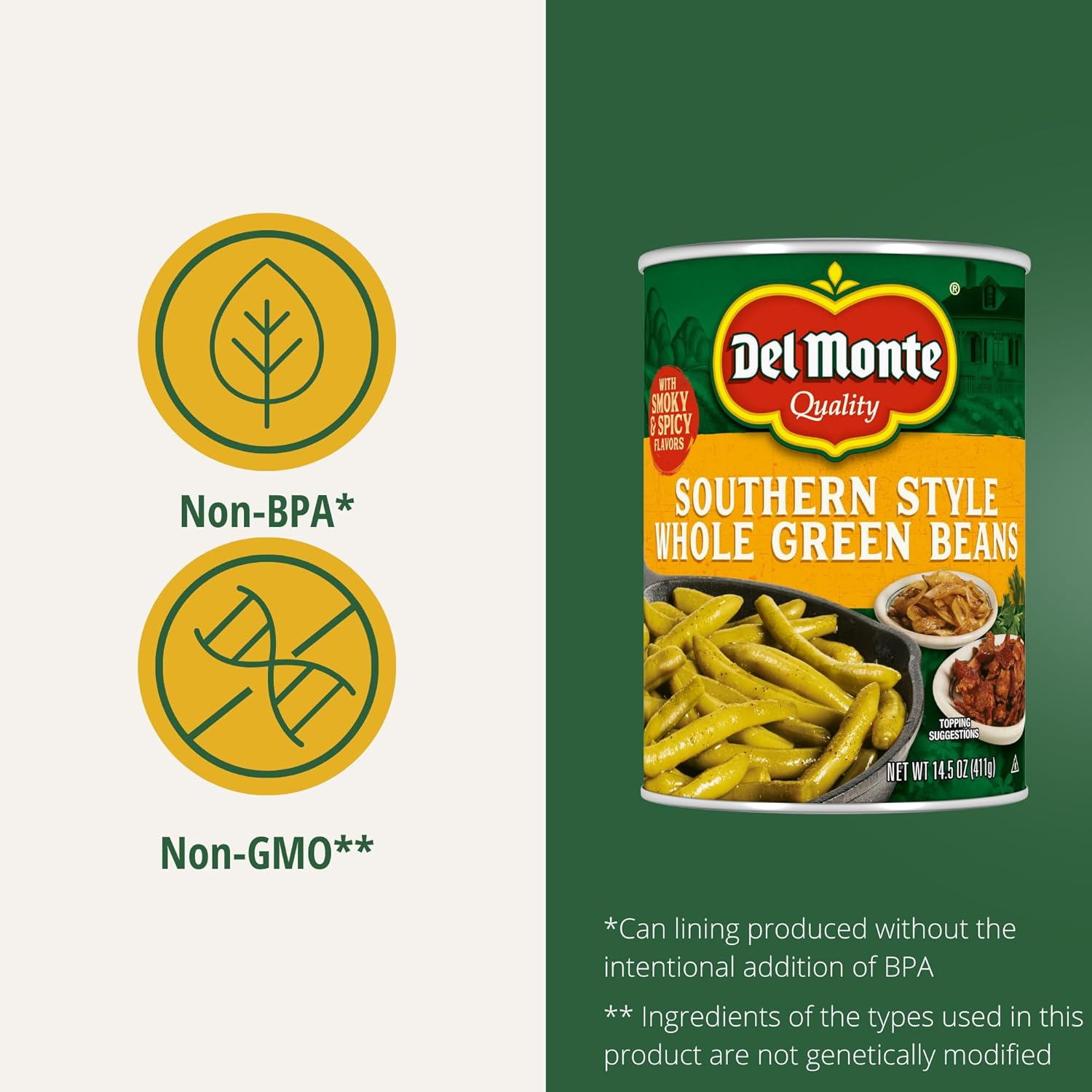 Del Monte Southern Style Whole Green Beans, 14.5 oz. Can (Pack of 12) Spicy & Smoky Flavors, Ready to Eat Side Dish